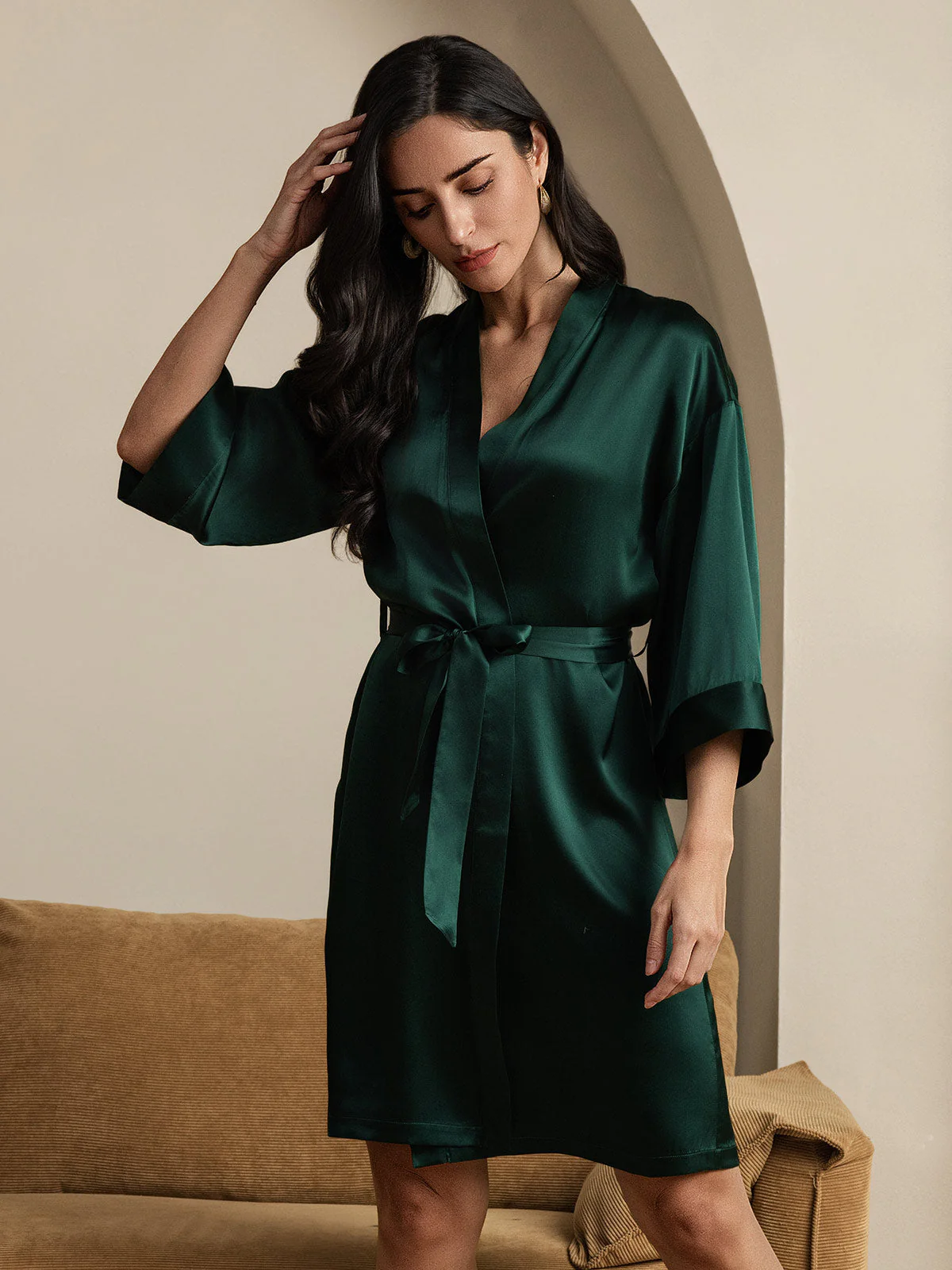 Pure Silk 3/4 Sleeve Women's Kimono Wrap Dressing Gown - Image 11