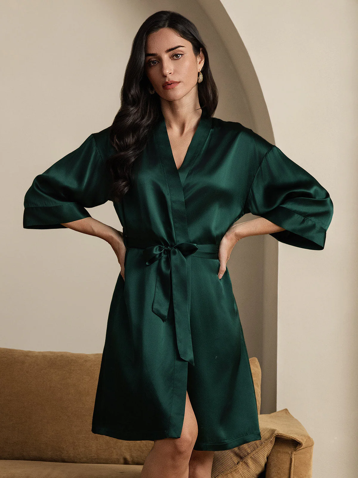 Pure Silk 3/4 Sleeve Women's Kimono Wrap Dressing Gown - Image 12