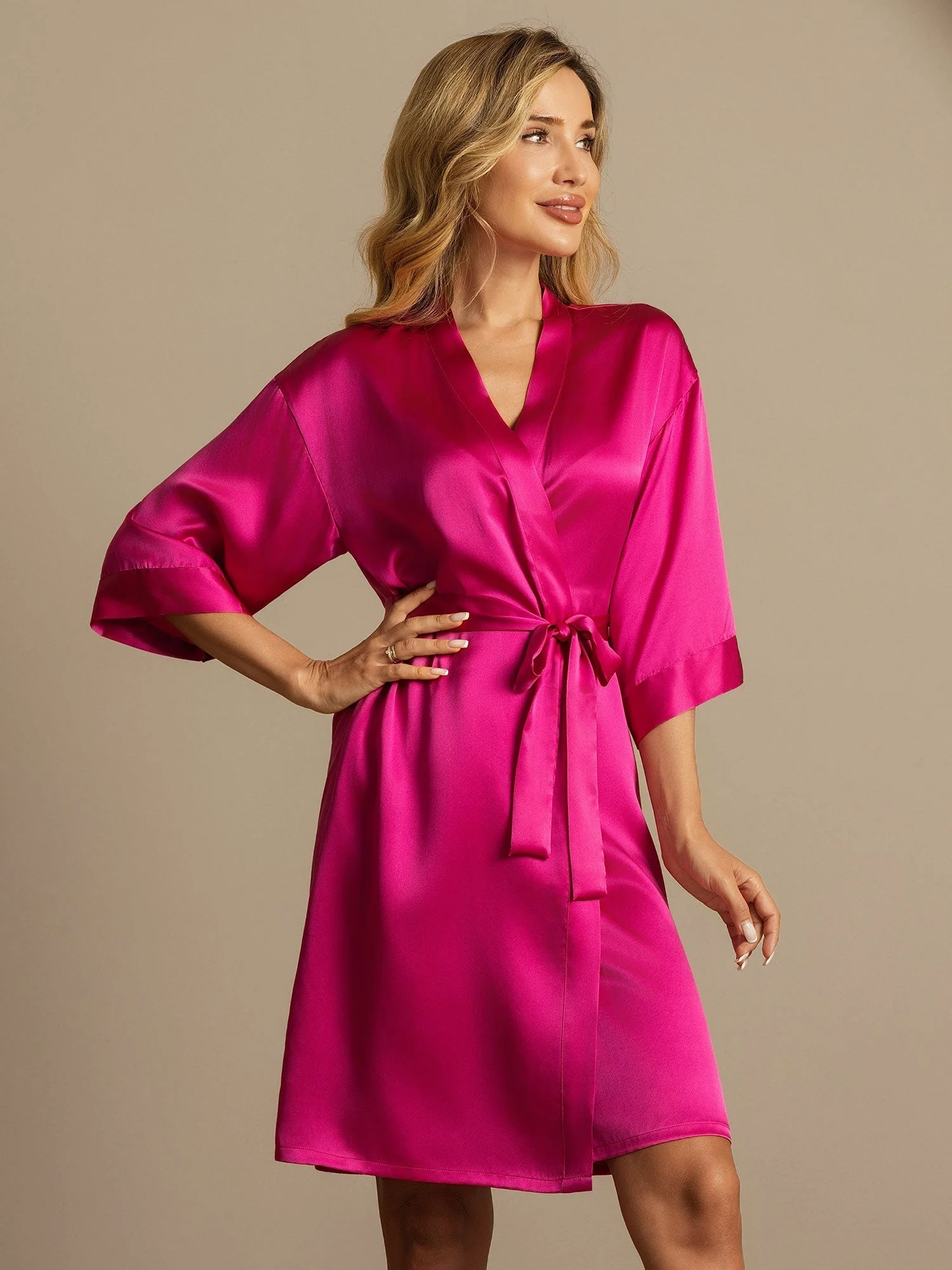 Pure Silk 3/4 Sleeve Women's Kimono Wrap Dressing Gown - Image 34