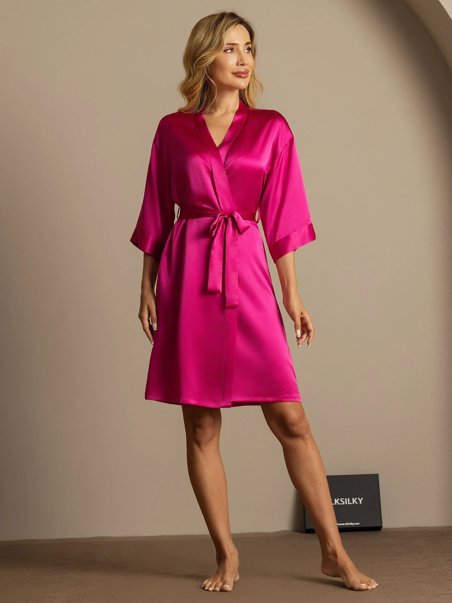 Pure Silk 3/4 Sleeve Women's Kimono Wrap Dressing Gown - Image 37