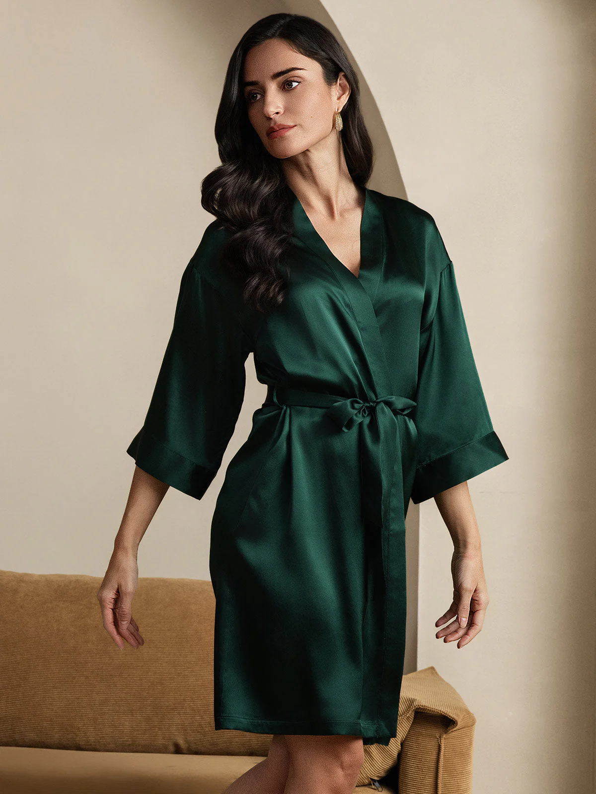 Pure Silk 3/4 Sleeve Women's Kimono Wrap Dressing Gown - Image 6