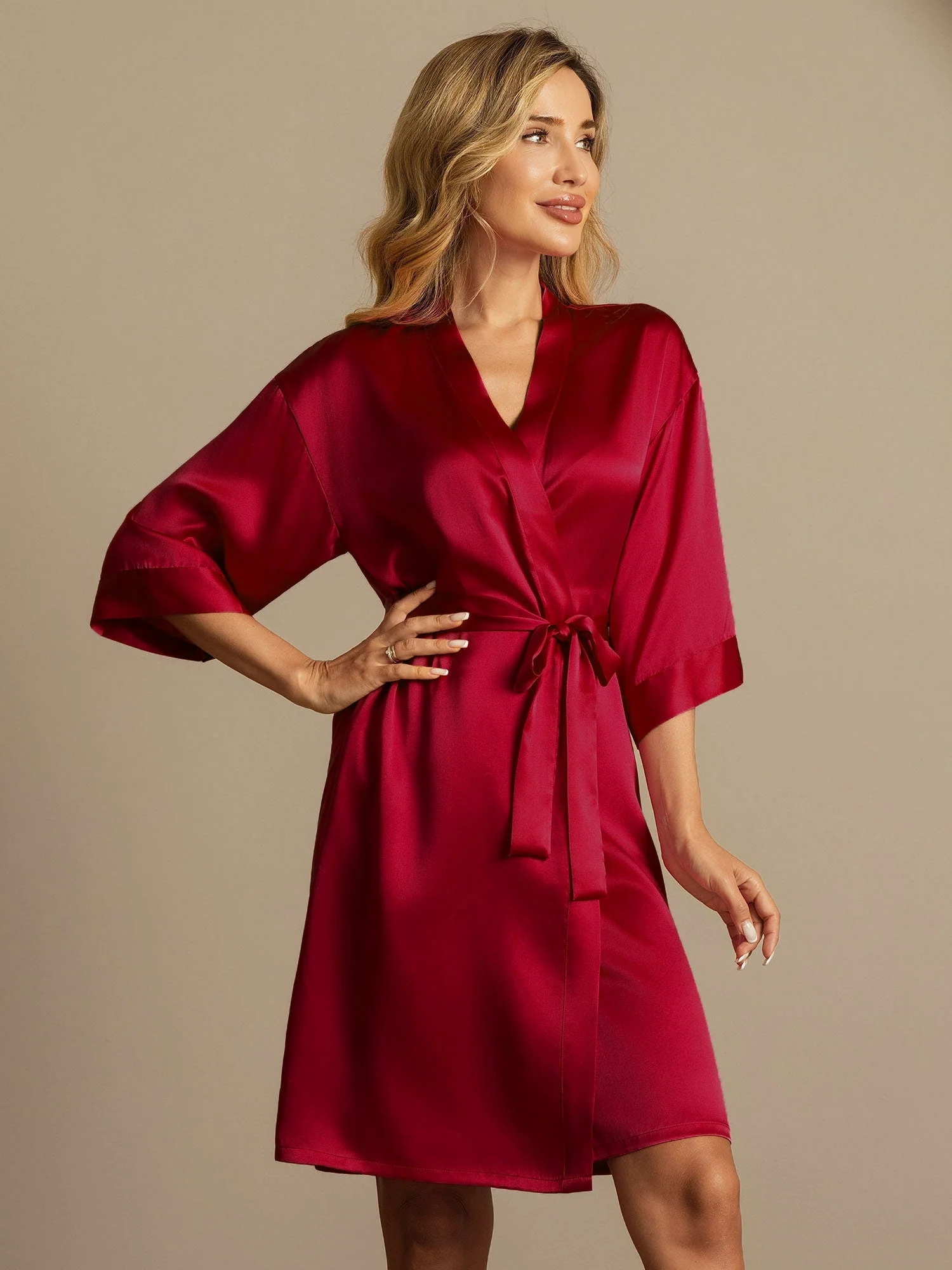 Pure Silk 3/4 Sleeve Women's Kimono Wrap Dressing Gown - Image 61