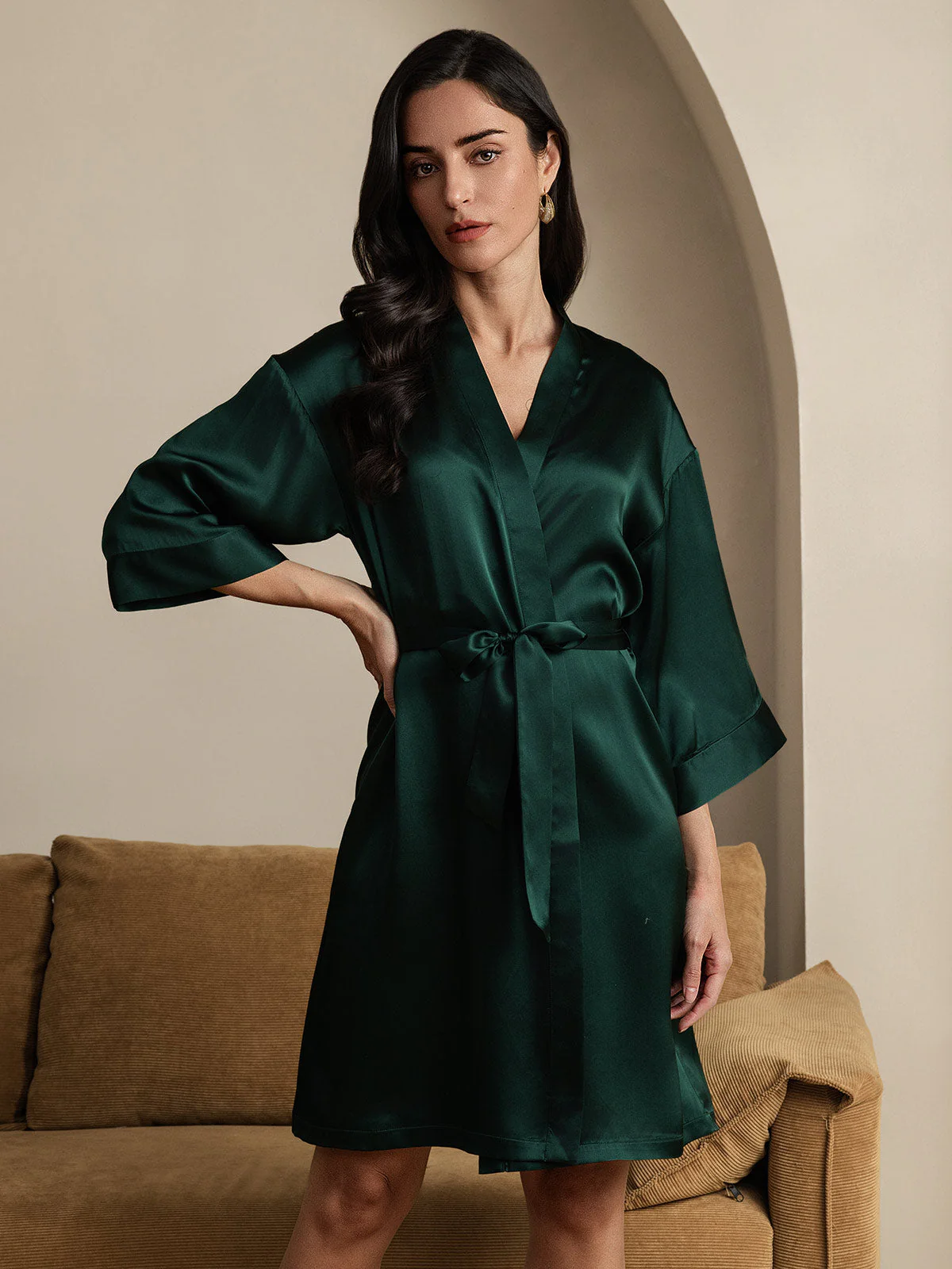 Pure Silk 3/4 Sleeve Women's Kimono Wrap Dressing Gown - Image 8