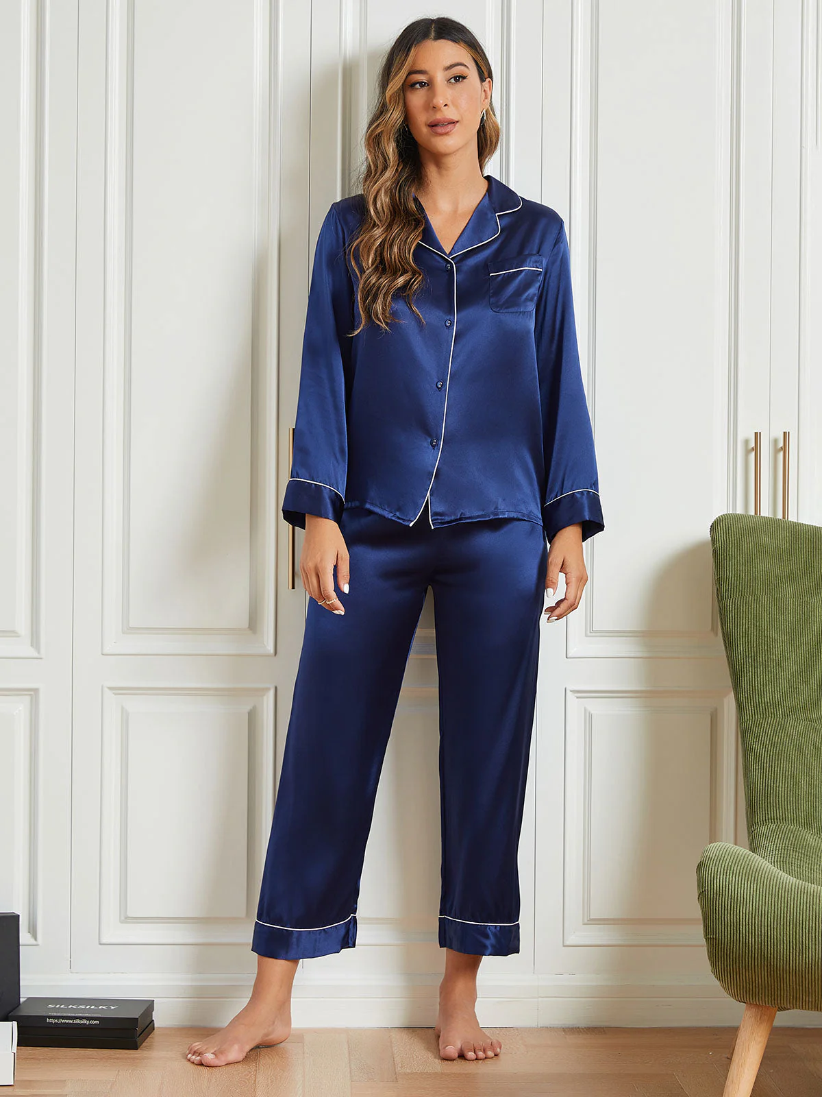 Clearance(Ships to UK Only) - Pure Silk Long Sleeve Notch Collar Women's Pyjamas Set - Image 10