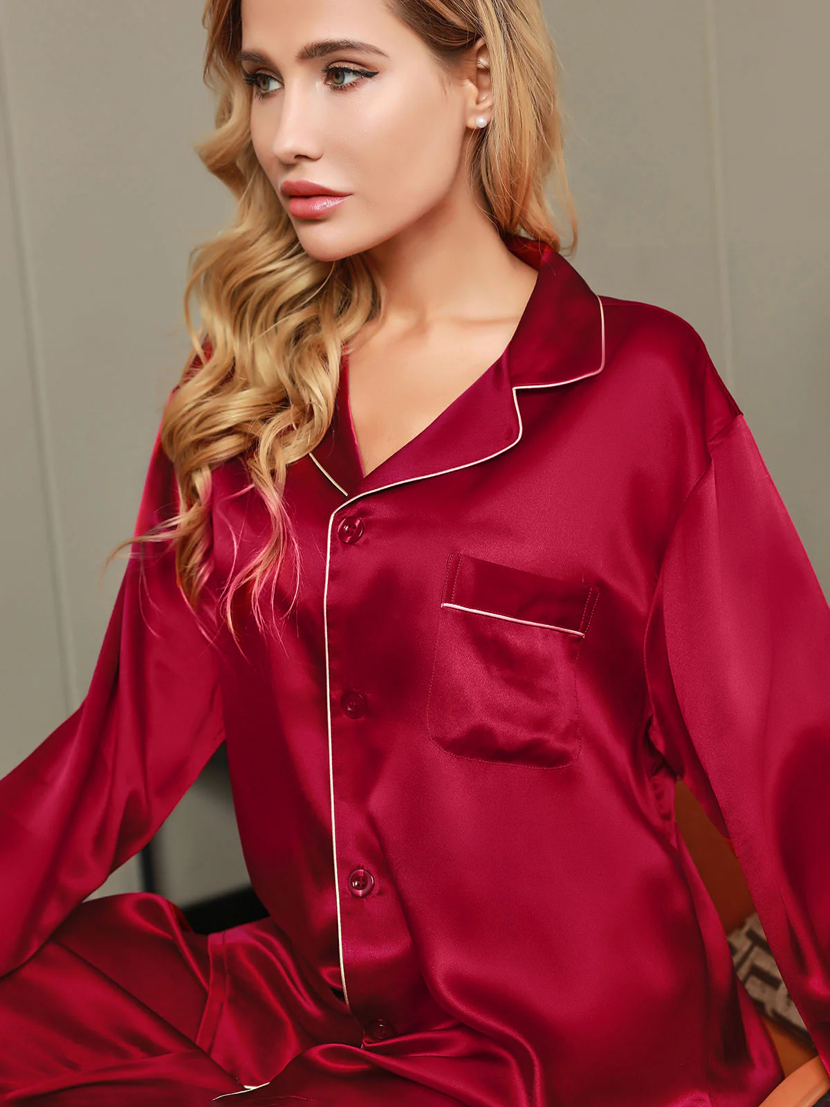 Women's Pure Silk Long Sleeve Notch Collar Pyjamas Set - Image 16