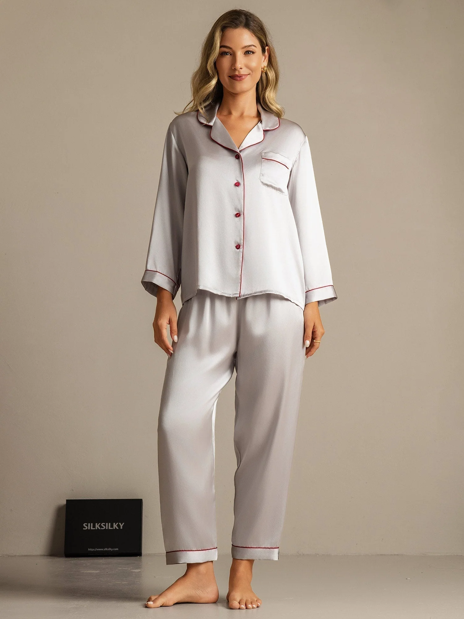 Women's Pure Silk Long Sleeve Notch Collar Pyjamas Set - Image 50