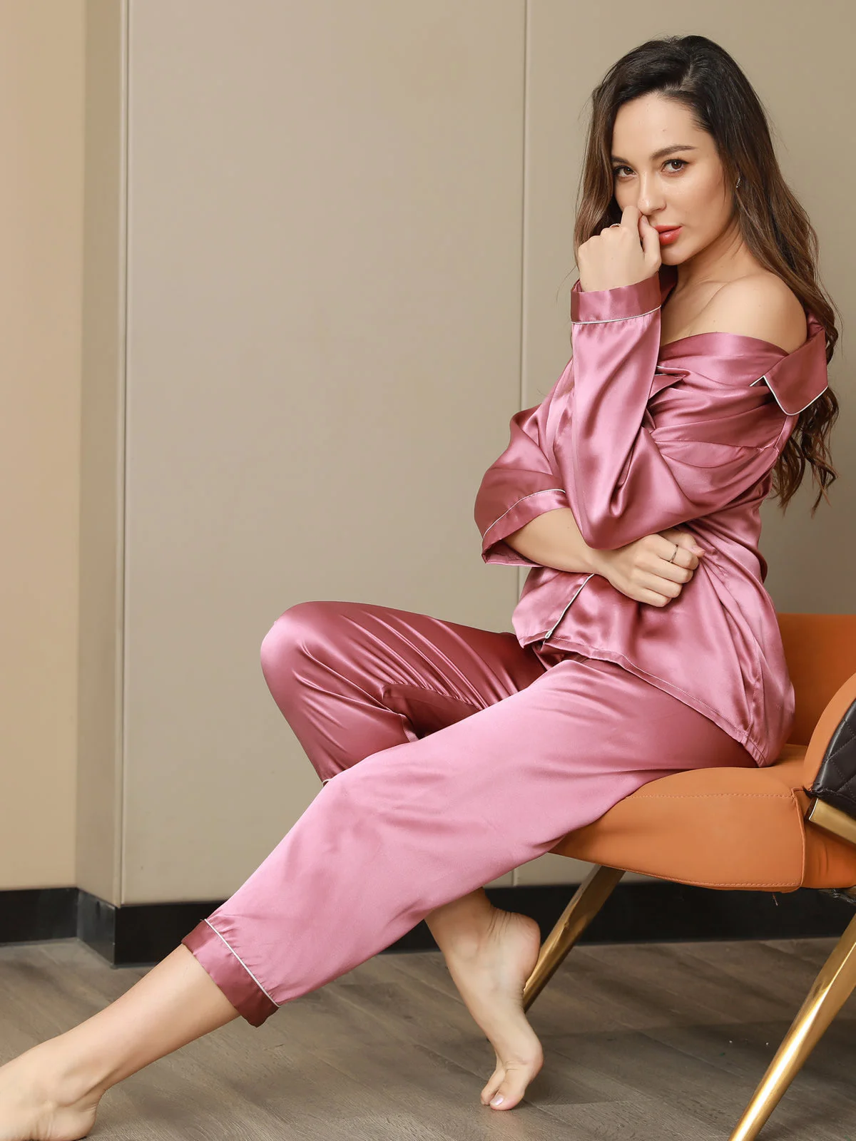 Women's Pure Silk Long Sleeve Notch Collar Pyjamas Set - Image 58