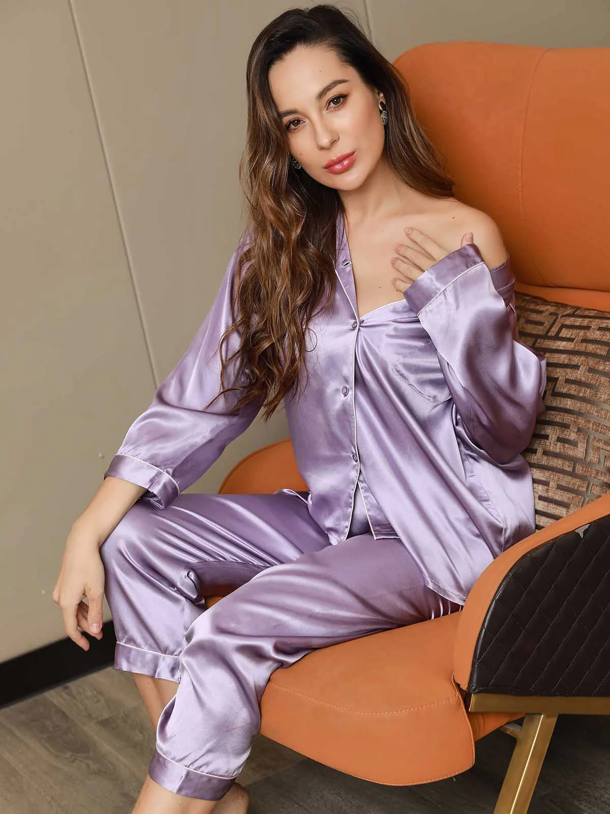 Women's Pure Silk Long Sleeve Notch Collar Pyjamas Set - Image 73