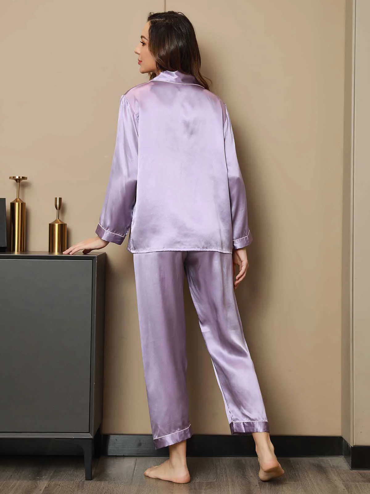 Women's Pure Silk Long Sleeve Notch Collar Pyjamas Set - Image 74