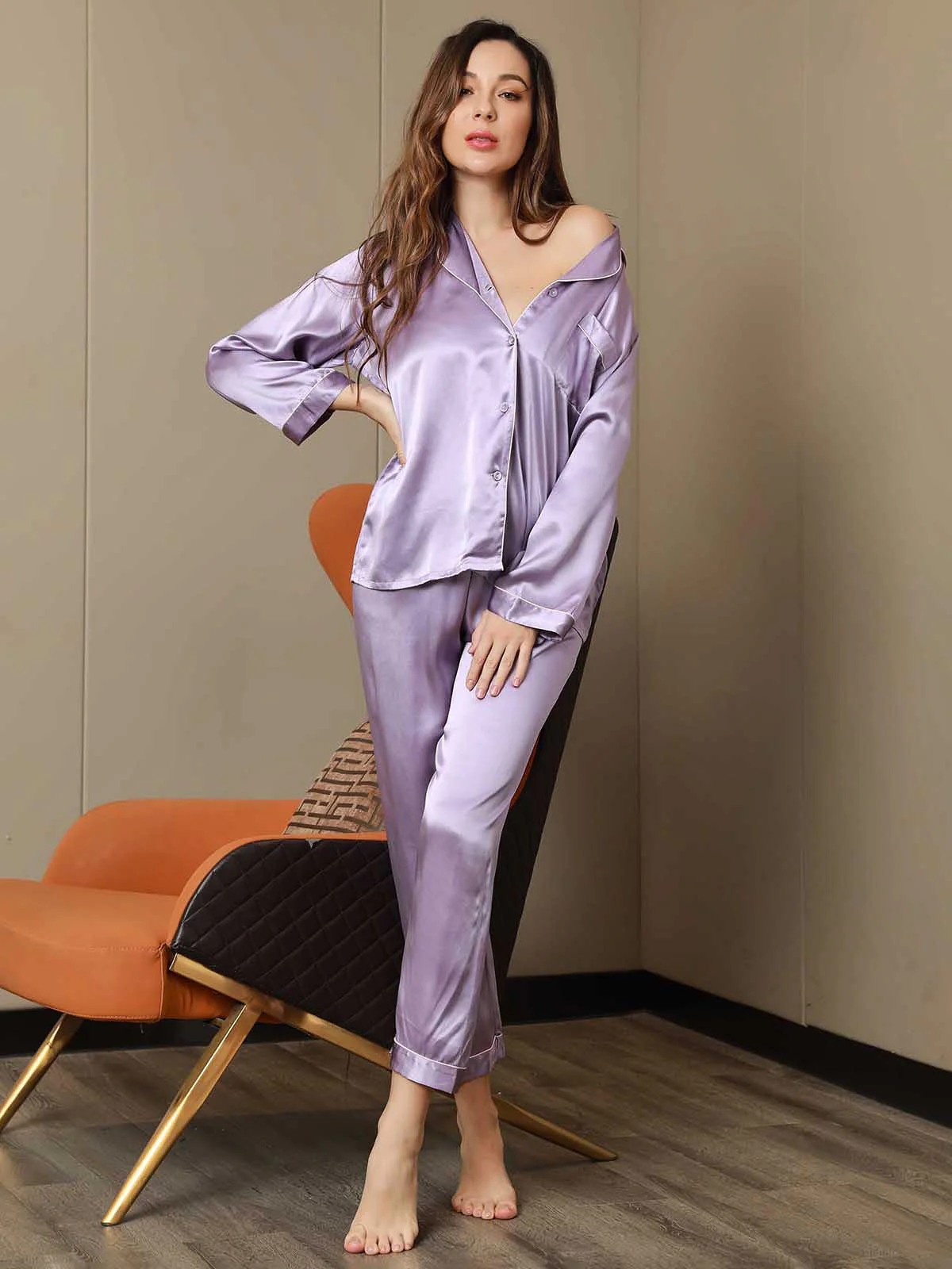 Women's Pure Silk Long Sleeve Notch Collar Pyjamas Set - Image 76