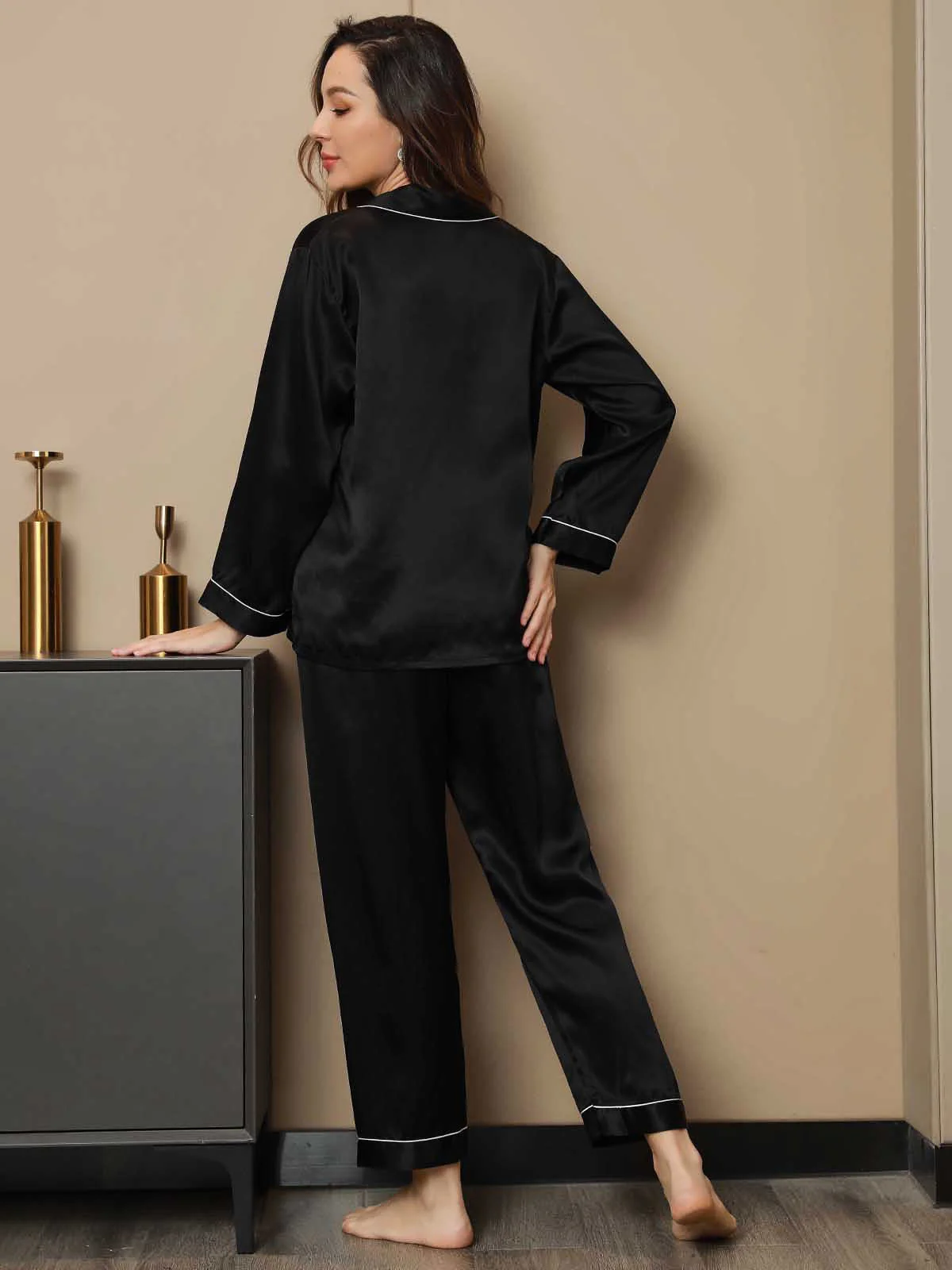 Women's Pure Silk Long Sleeve Notch Collar Pyjamas Set - Image 81