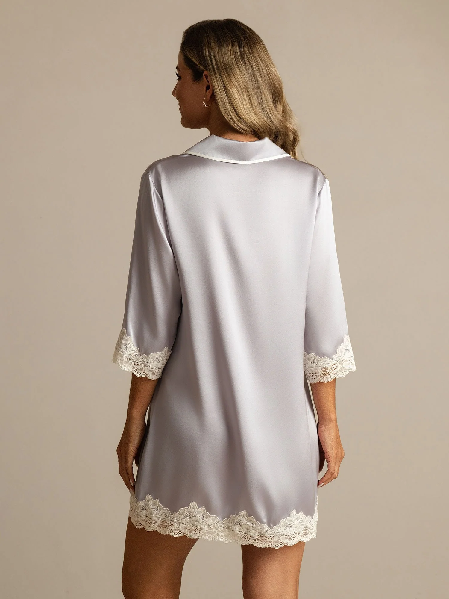Pure Silk Button Up Nightshirt with Lace Design - Image 10
