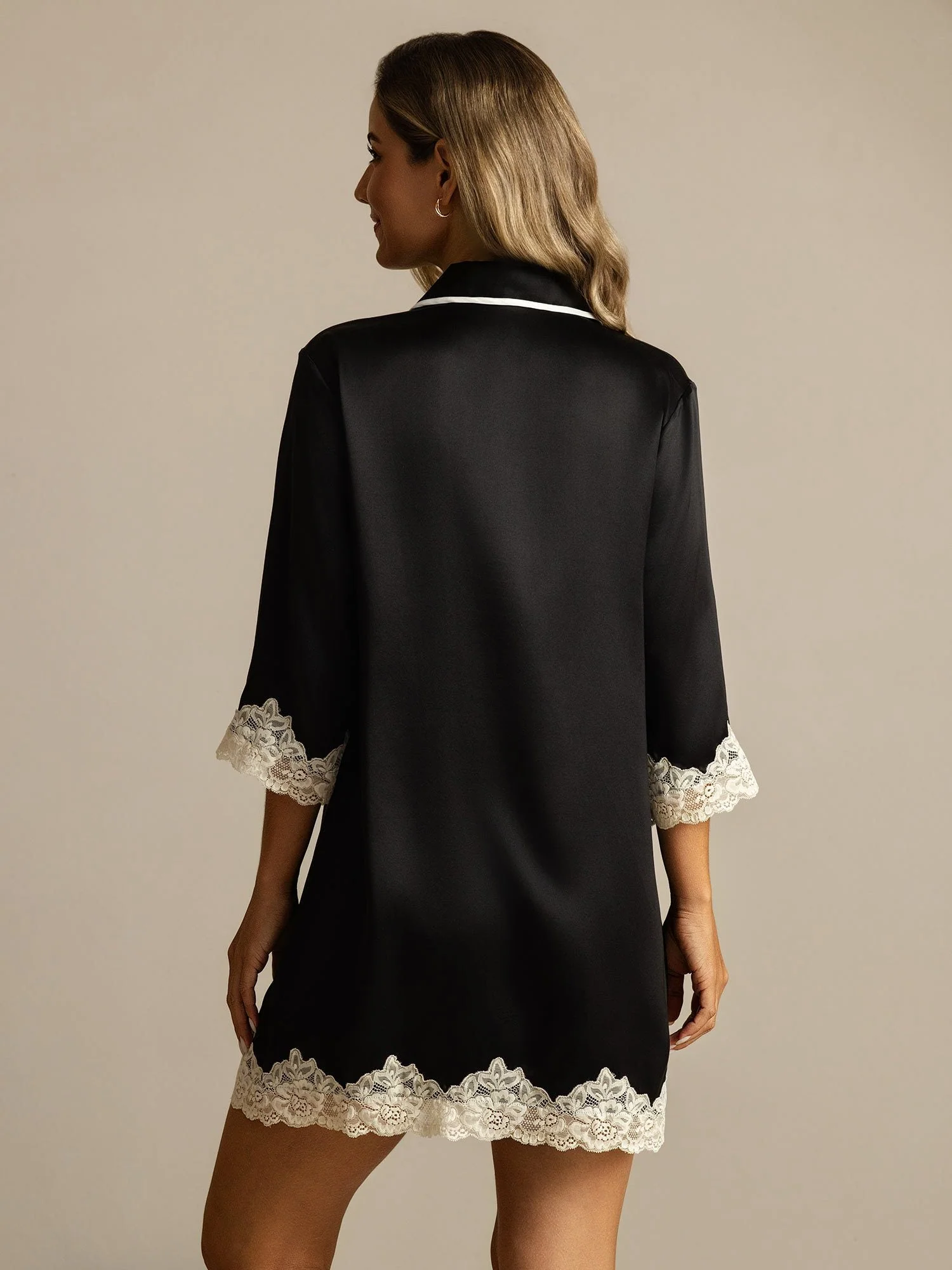 Pure Silk Button Up Nightshirt with Lace Design - Image 19