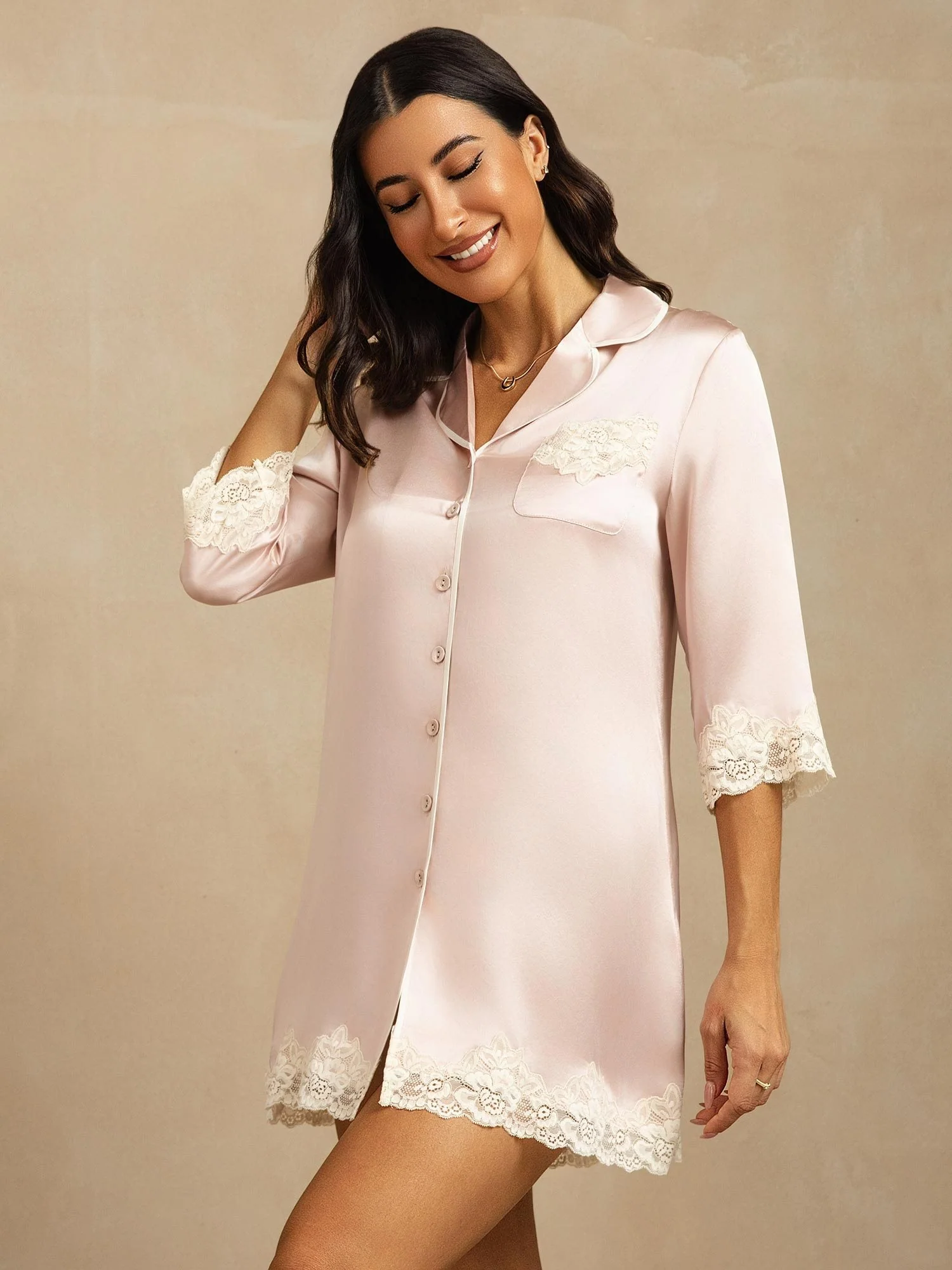 Pure Silk Button Up Nightshirt with Lace Design - Image 8
