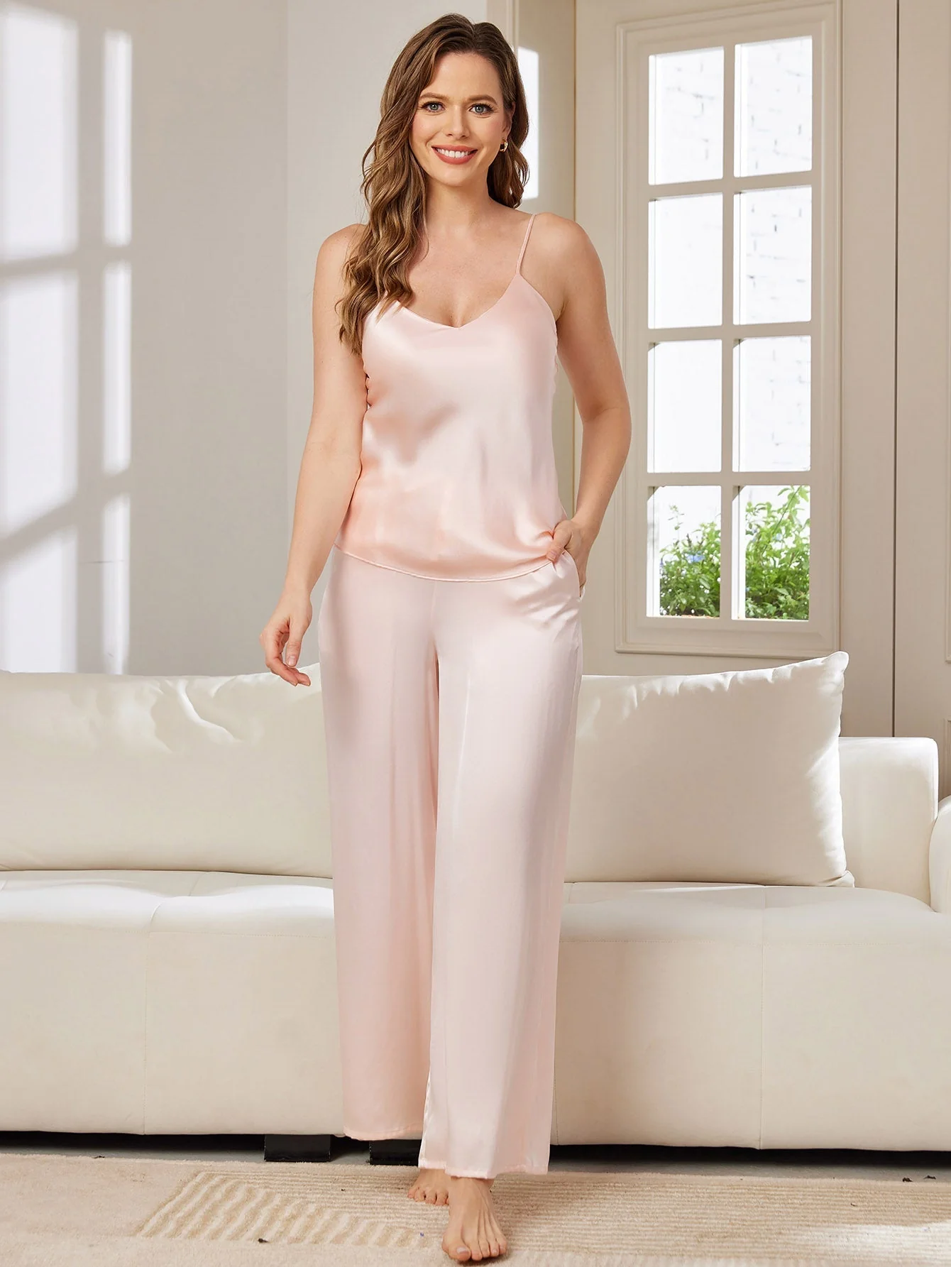 Pure Silk Spaghetti Strap V Neck Cami & Wide Leg Pants Set - Image 13