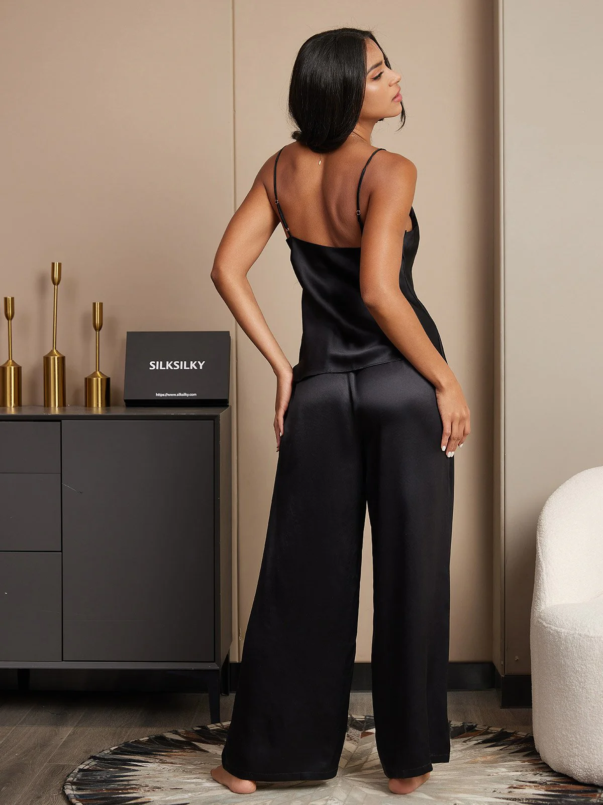 Pure Silk Spaghetti Strap V Neck Cami & Wide Leg Pants Set - Image 35