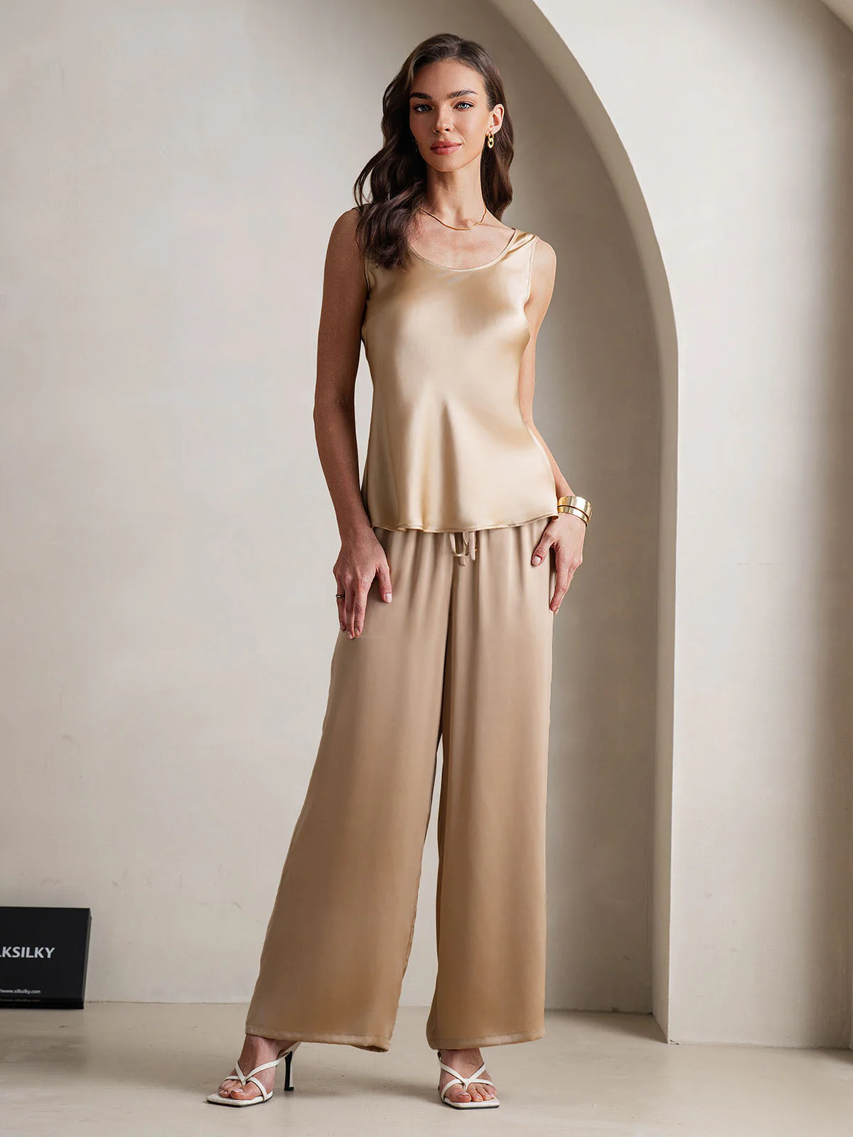 Pure Silk Sleeveless U-Neck Tank Top & Wide Leg Pants Set - Image 9