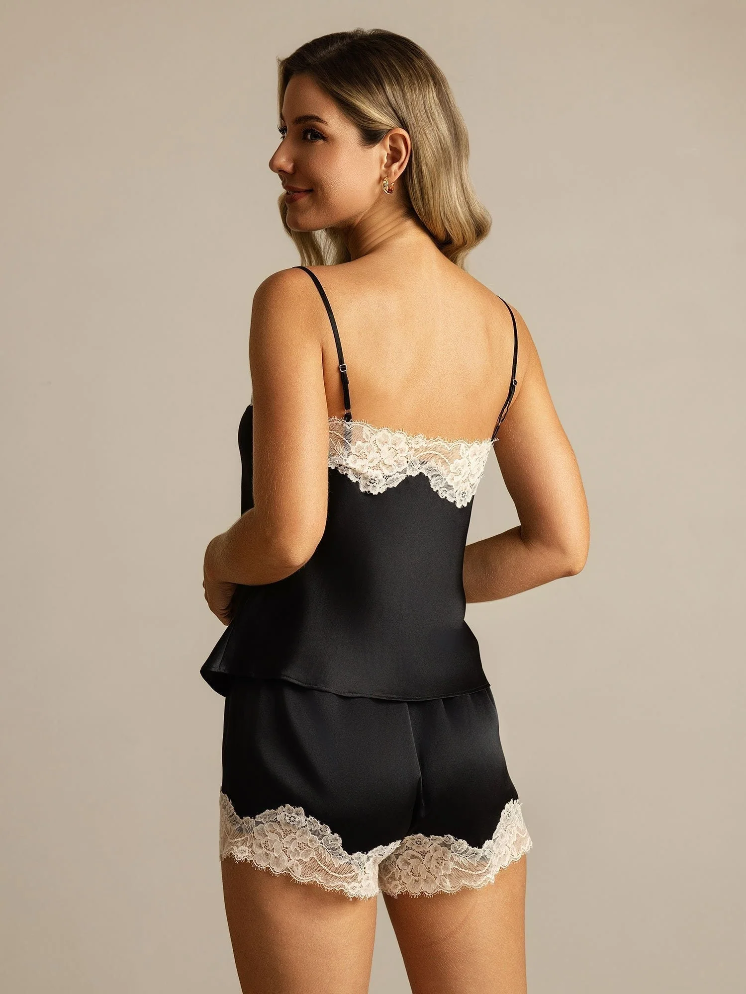Pure Silk Spaghetti Strap V Neck Camisole Set with Lace Design - Image 2