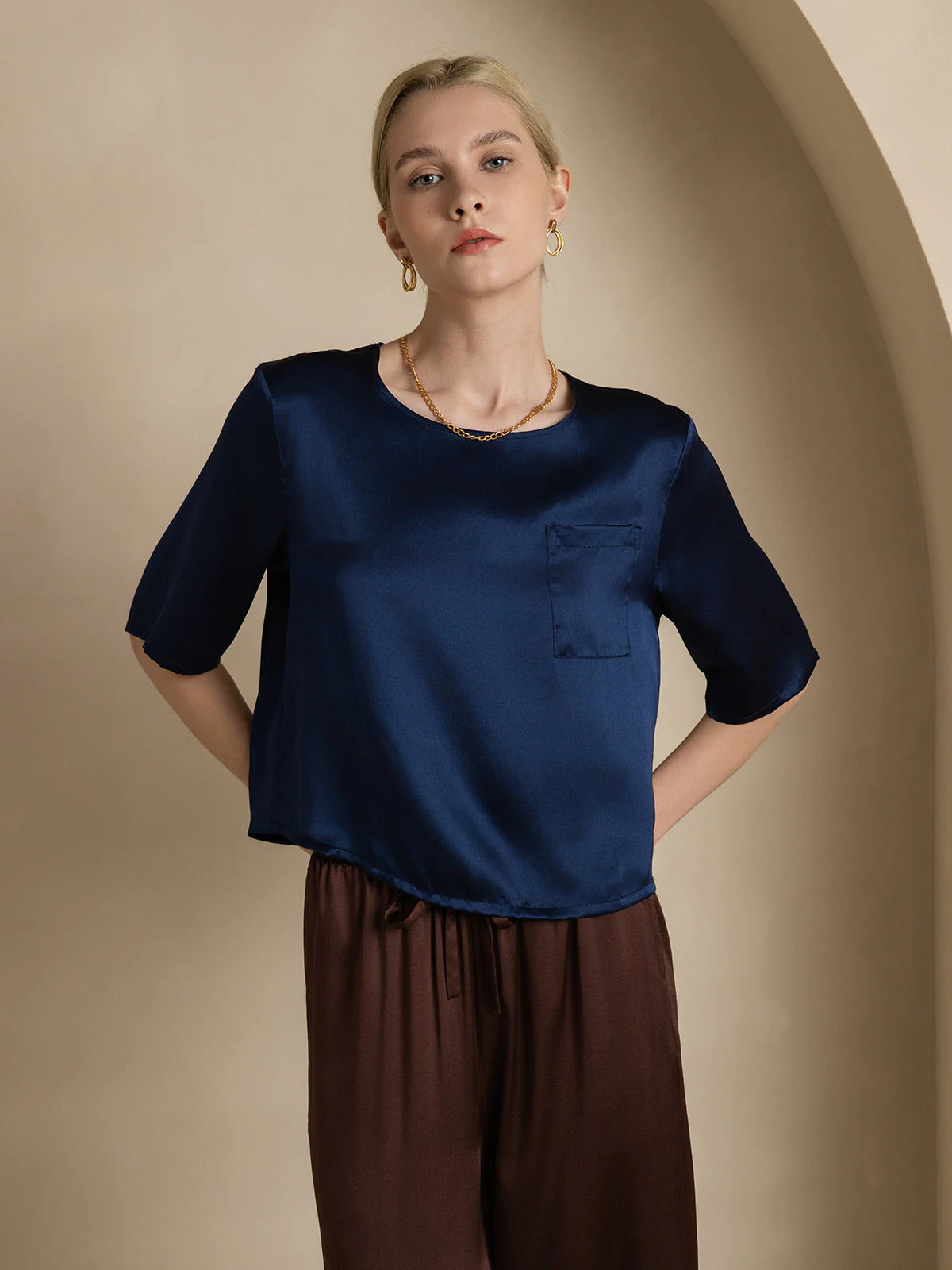 Pure Silk Half Sleeve U Neck Women's T-Shirt - Image 22