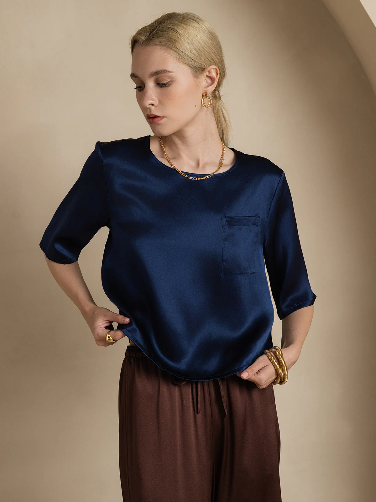 Pure Silk Half Sleeve U Neck Women's T-Shirt - Image 26