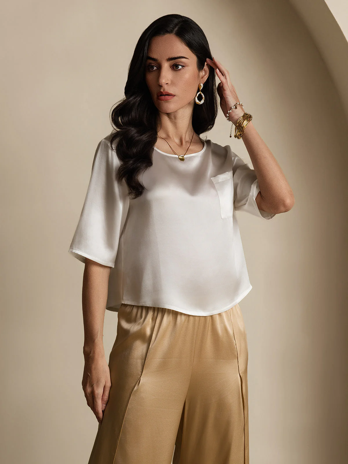 Pure Silk Half Sleeve U Neck Women's T-Shirt - Image 4
