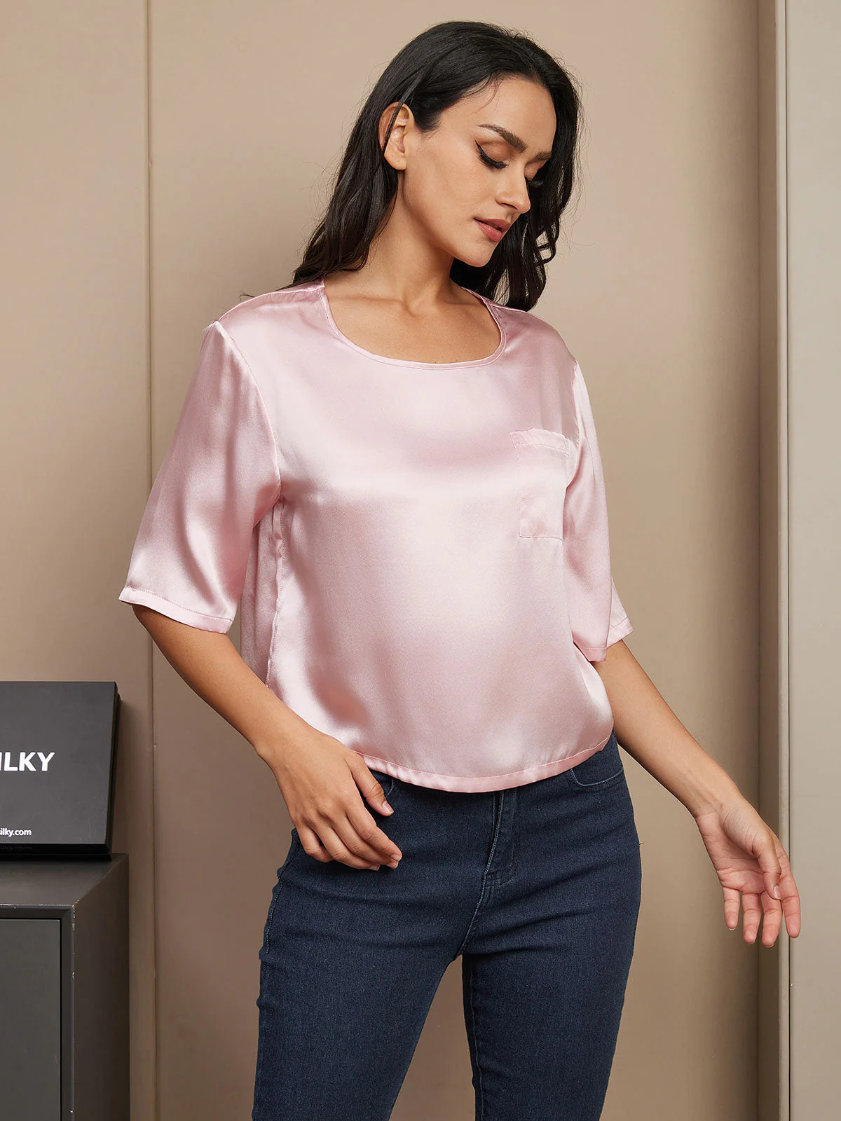 Pure Silk Half Sleeve U Neck Women's T-Shirt - Image 45