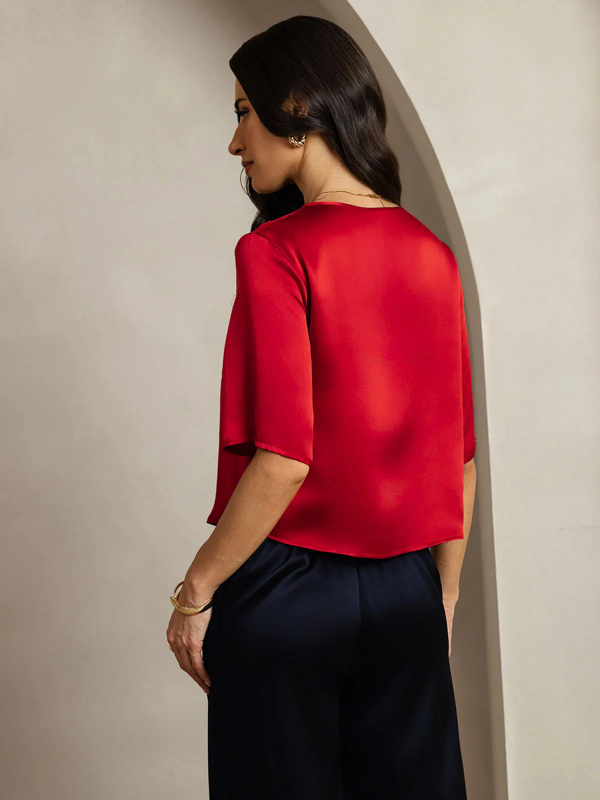 Pure Silk Half Sleeve U Neck Women's T-Shirt - Image 48