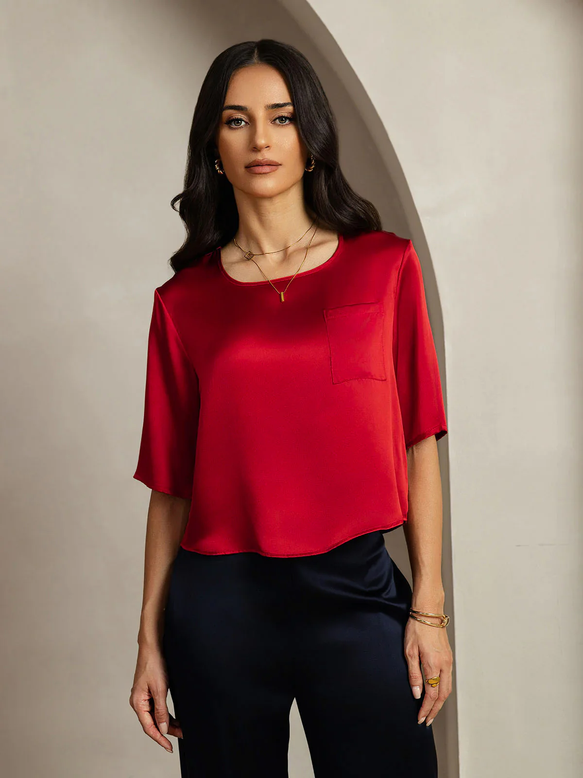 Pure Silk Half Sleeve U Neck Women's T-Shirt - Image 49