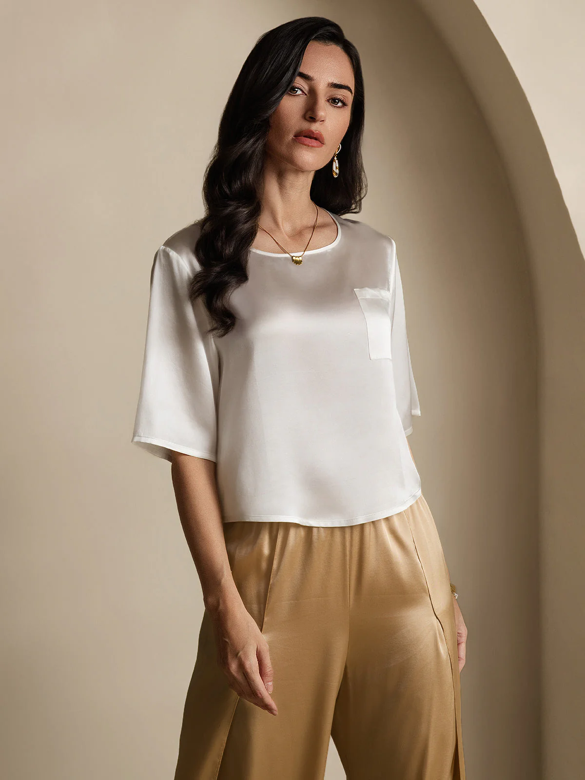 Pure Silk Half Sleeve U Neck Women's T-Shirt - Image 5