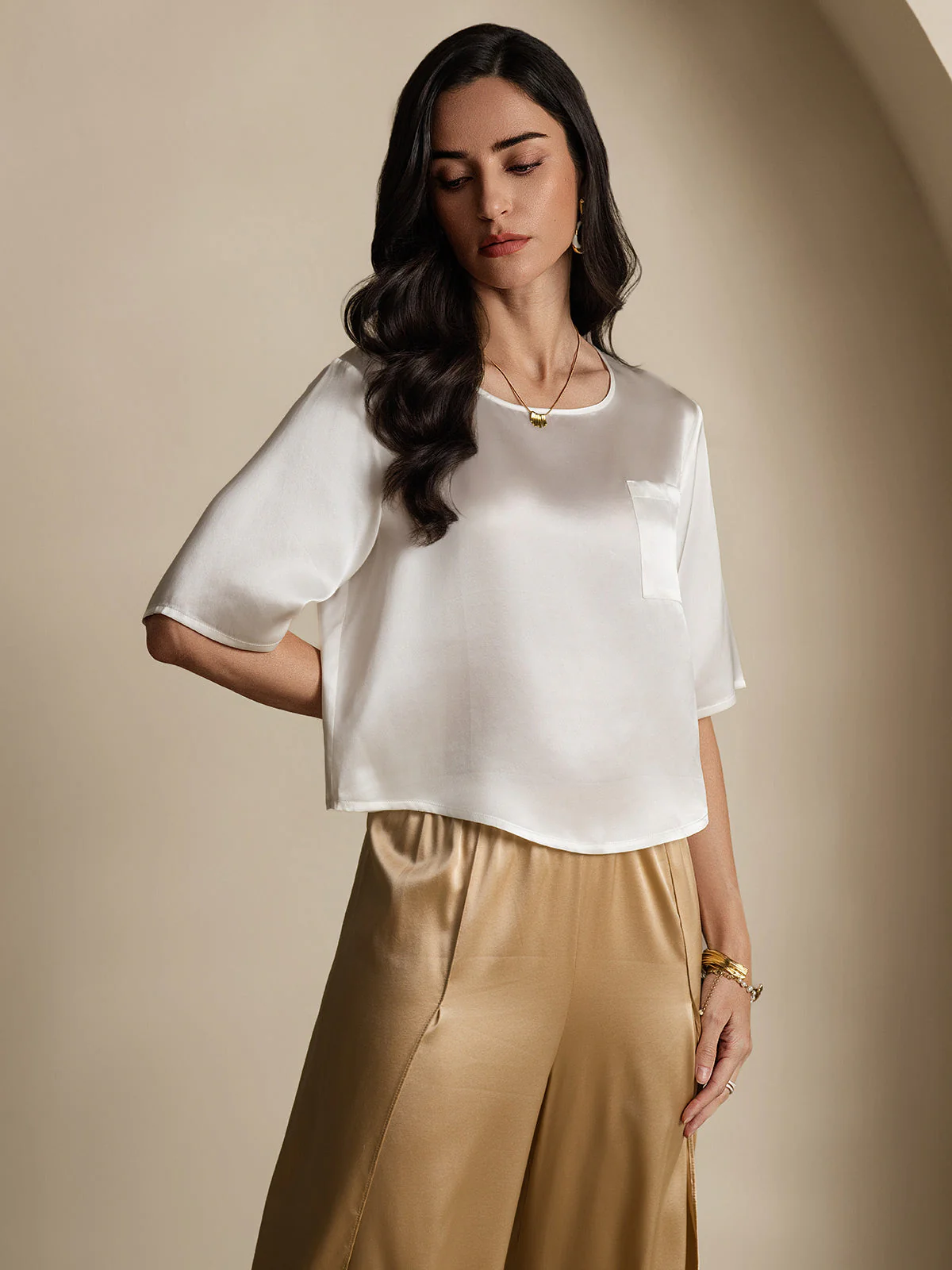 Pure Silk Half Sleeve U Neck Women's T-Shirt - Image 6
