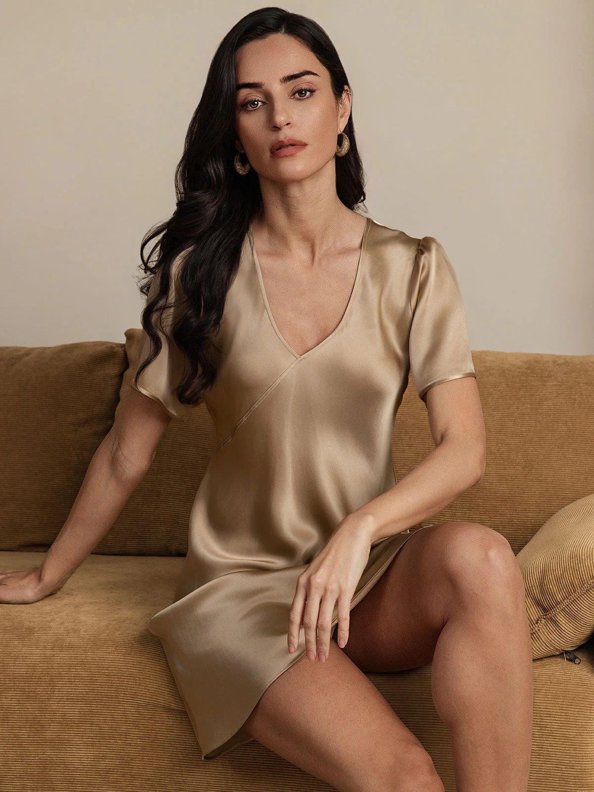 Women's Pure Silk Puff Sleeve V-neck Short Nightdress - Image 12