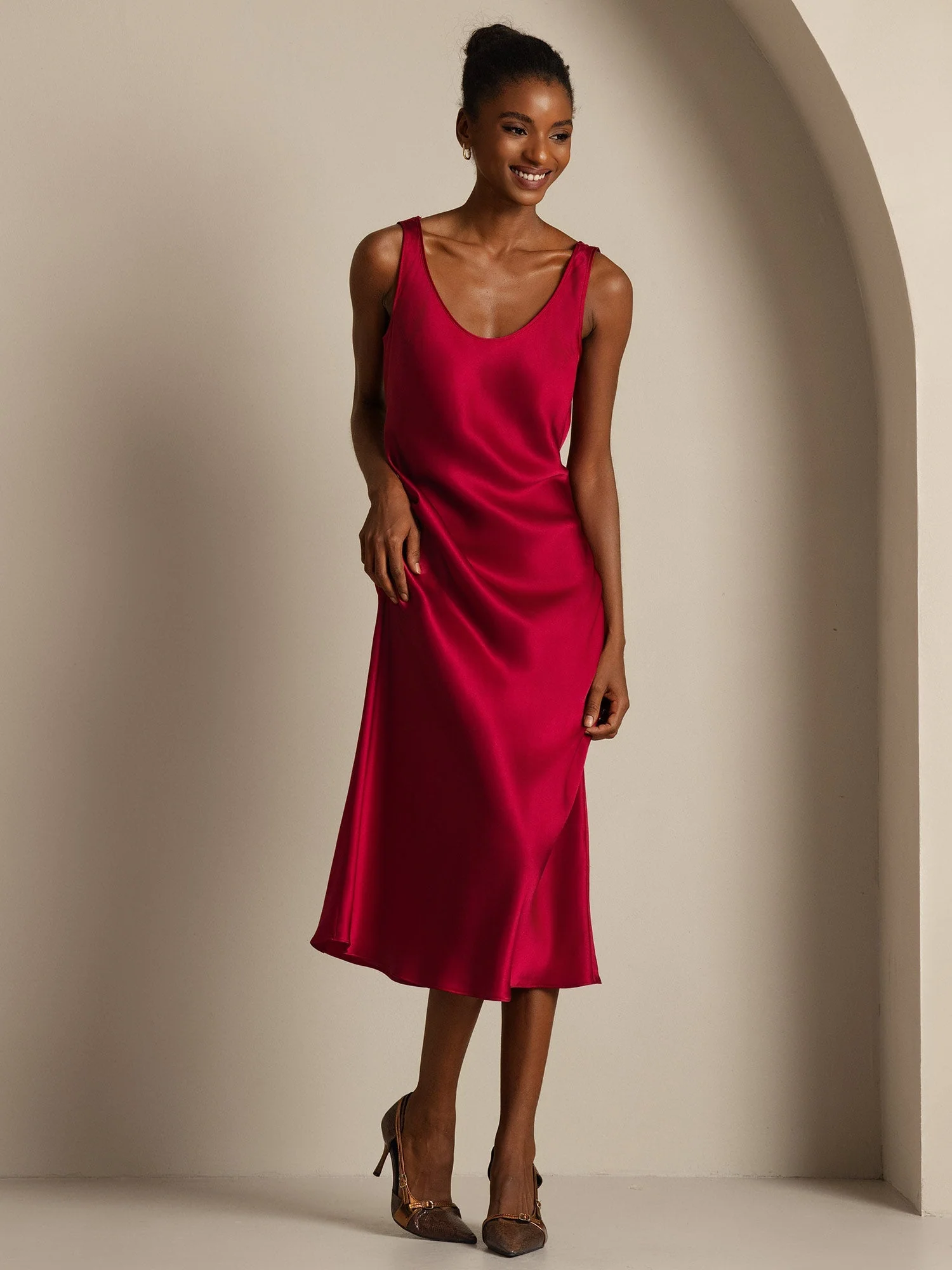 Pure Silk Sleeveless U Neck Midi Dress - Image 10