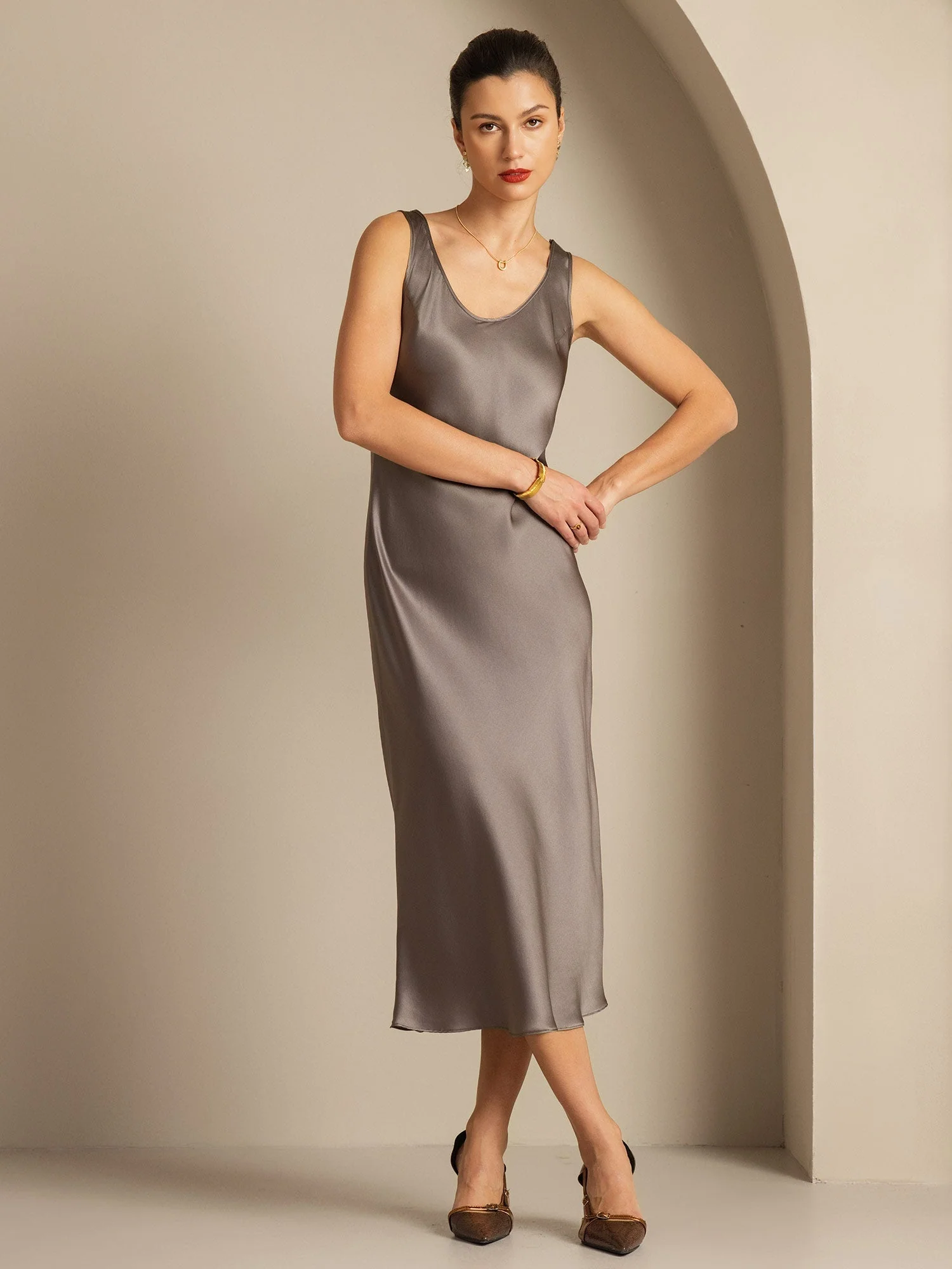 Pure Silk Sleeveless U Neck Midi Dress - Image 16