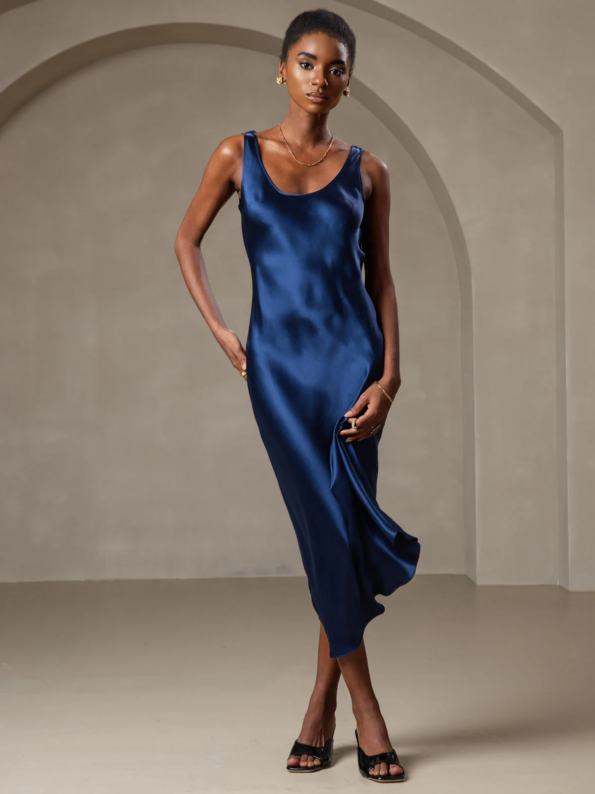 Pure Silk Sleeveless U Neck Midi Dress - Image 31