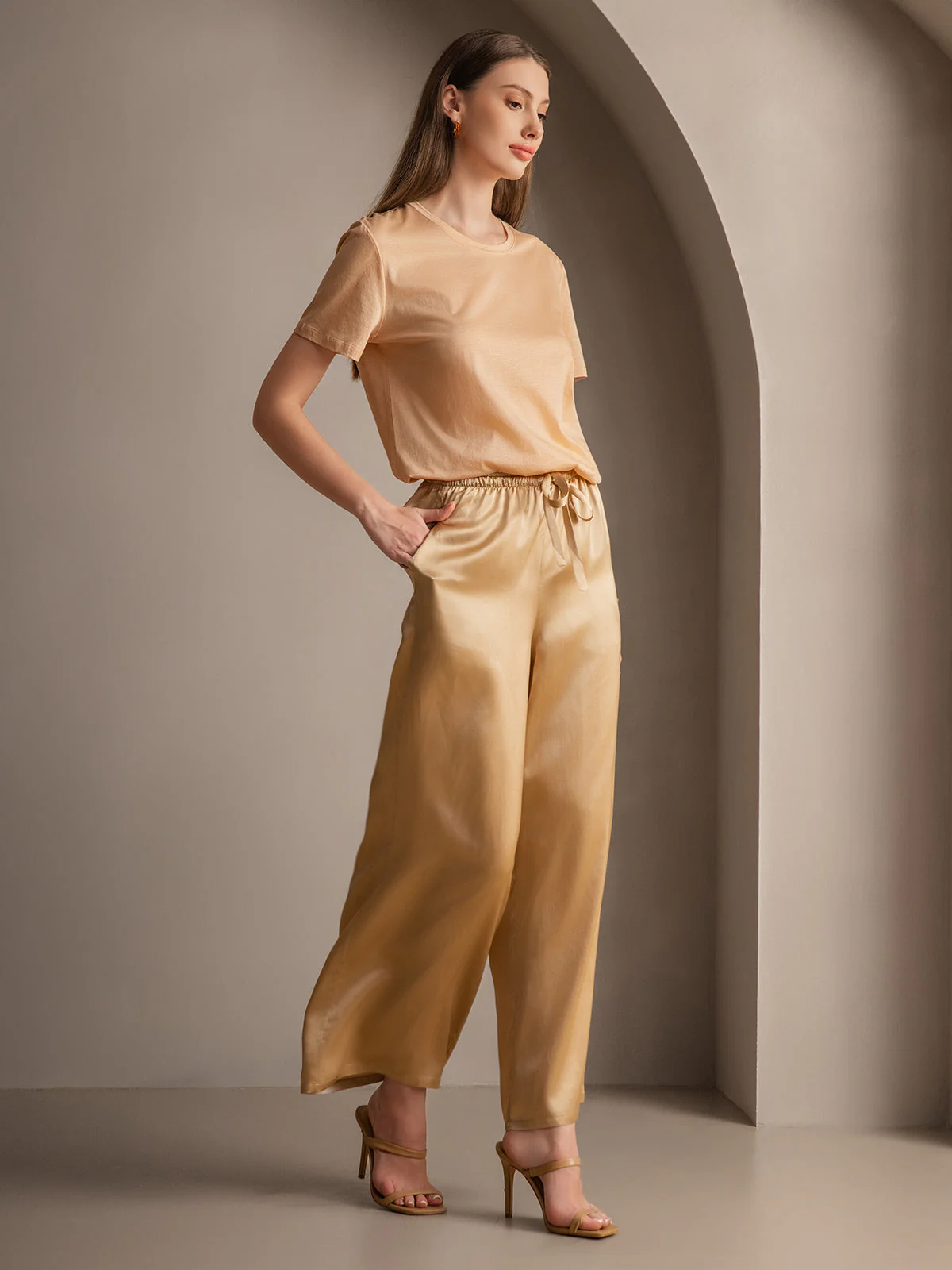 Pure Silk Wide Leg Women's Pants with Elastic Waist Design - Image 10