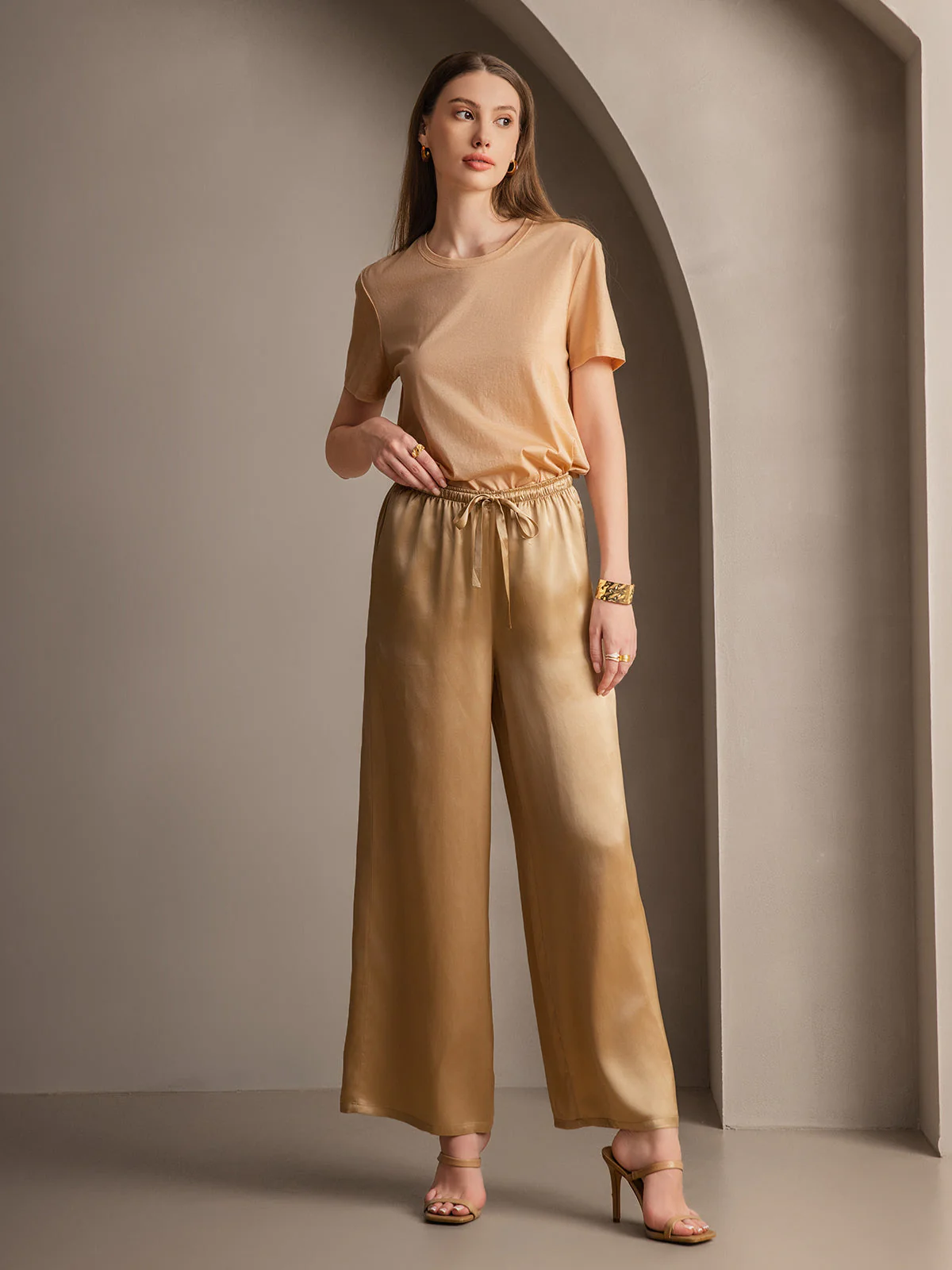 Pure Silk Wide Leg Women's Pants with Elastic Waist Design - Image 13