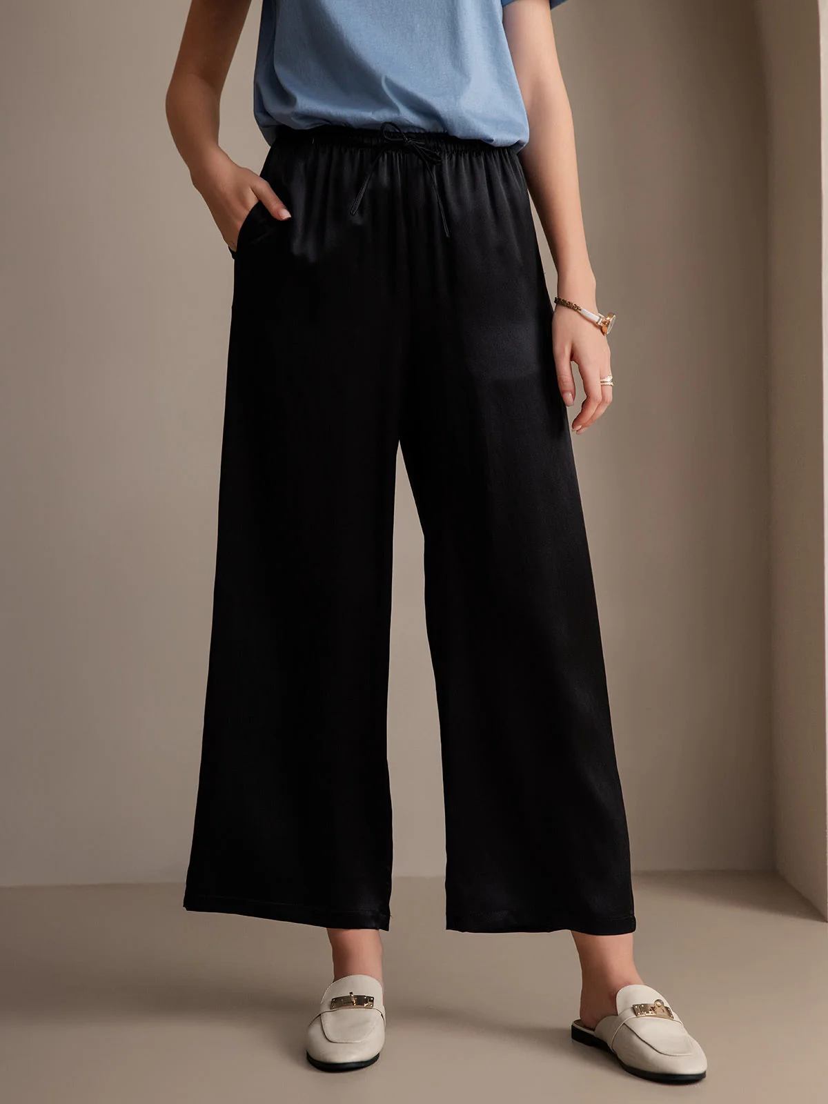 Pure Silk Wide Leg Women's Pants with Elastic Waist Design - Image 22