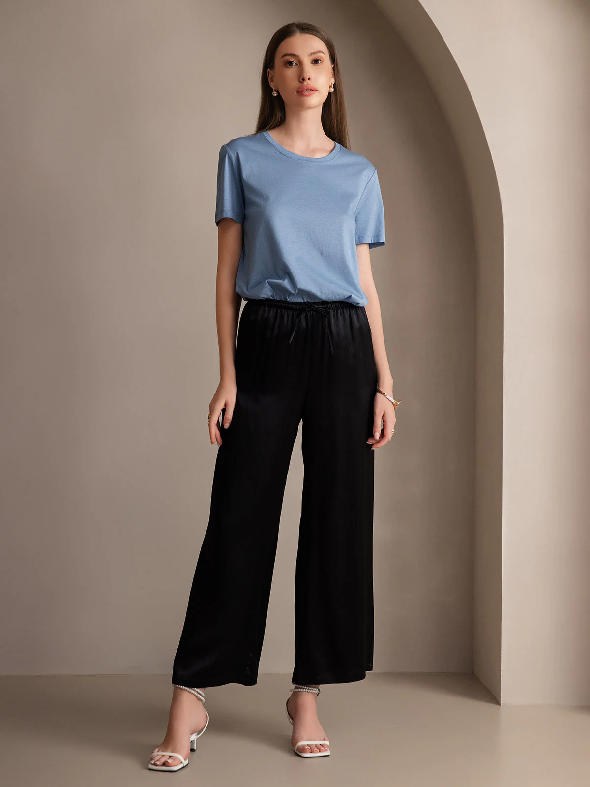 Pure Silk Wide Leg Women's Pants with Elastic Waist Design - Image 25