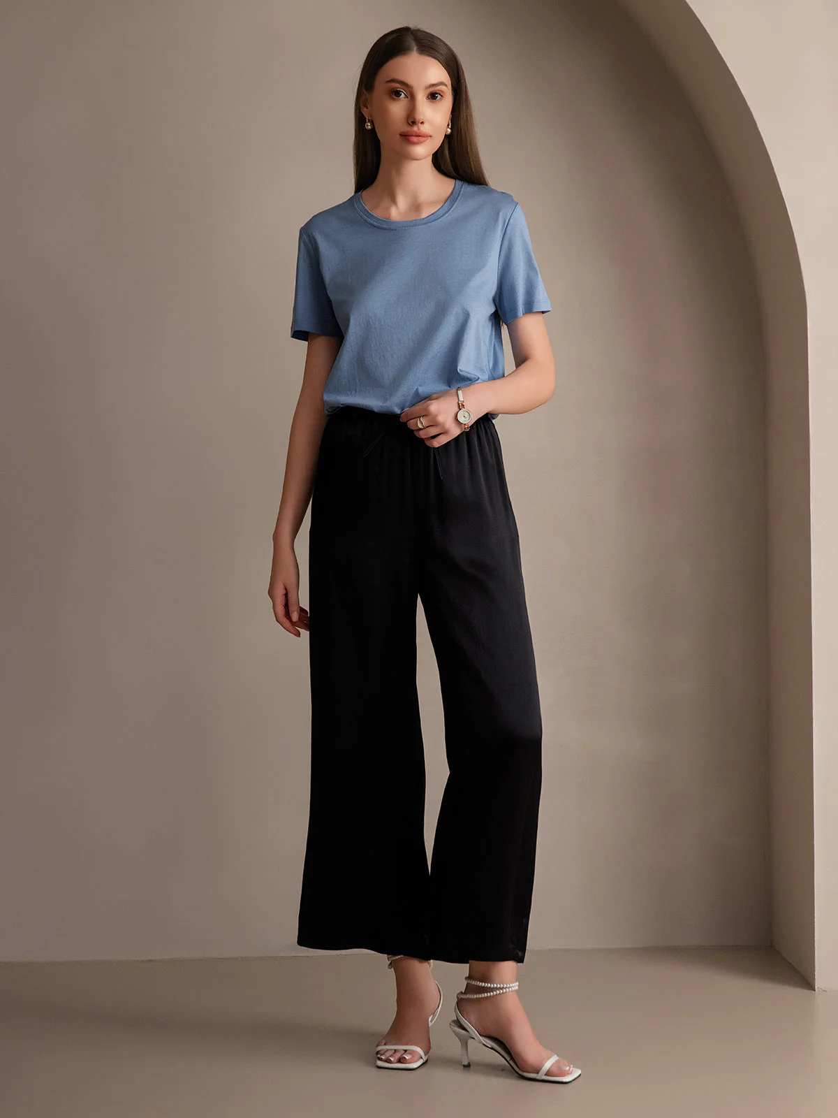 Pure Silk Wide Leg Women's Pants with Elastic Waist Design - Image 26