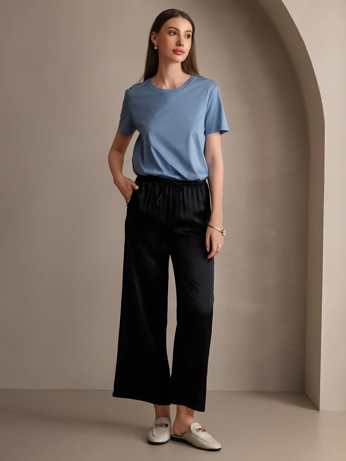 Pure Silk Wide Leg Women's Pants with Elastic Waist Design - Image 27
