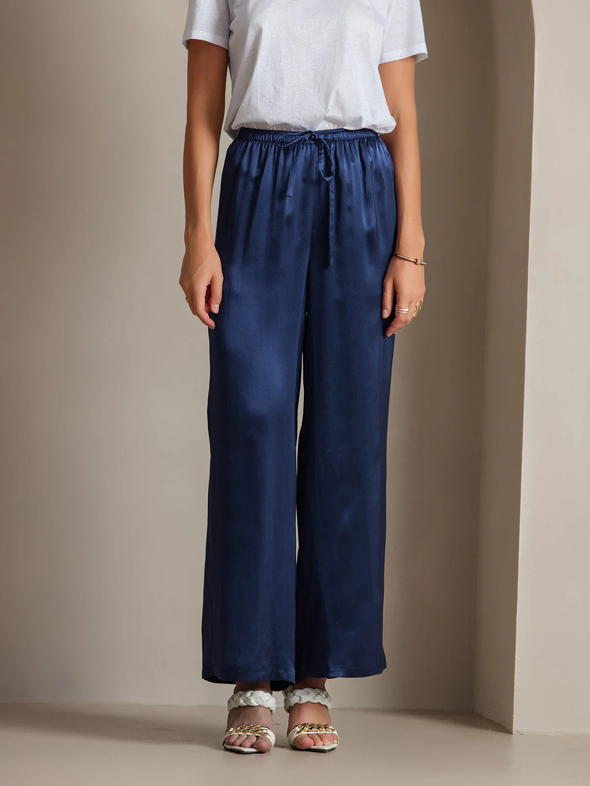 Pure Silk Wide Leg Women's Pants with Elastic Waist Design - Image 28