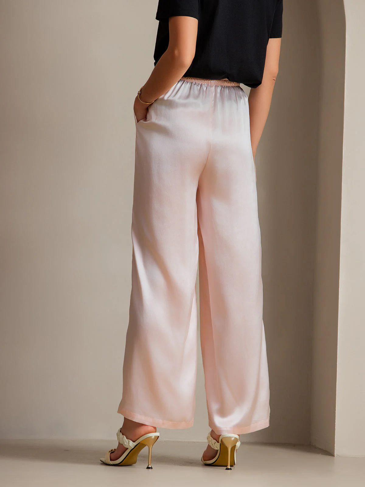 Pure Silk Wide Leg Women's Pants with Elastic Waist Design - Image 41