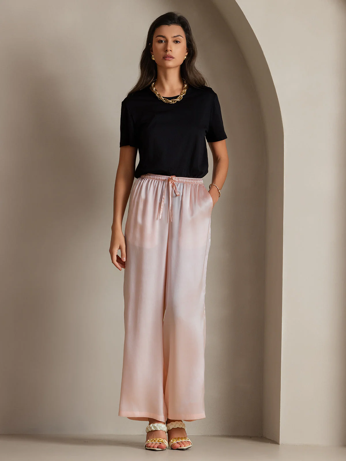 Pure Silk Wide Leg Women's Pants with Elastic Waist Design - Image 42