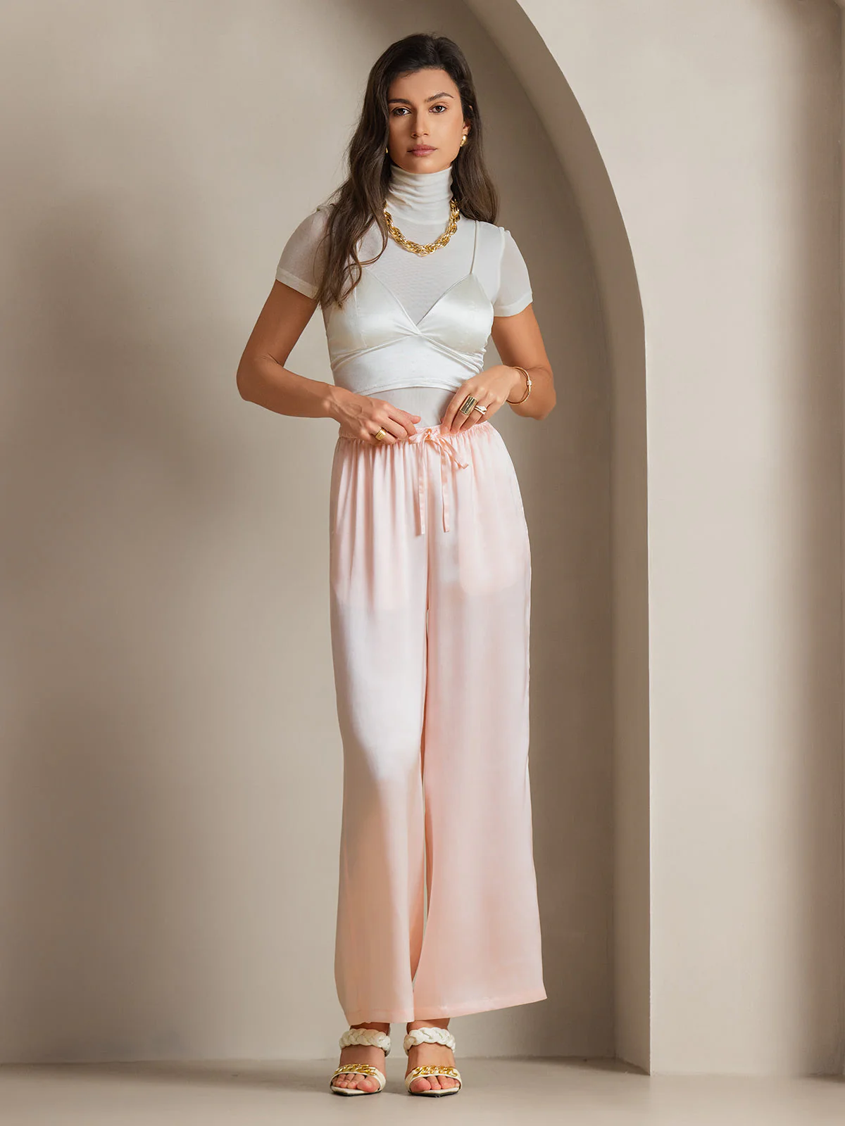 Pure Silk Wide Leg Women's Pants with Elastic Waist Design - Image 45