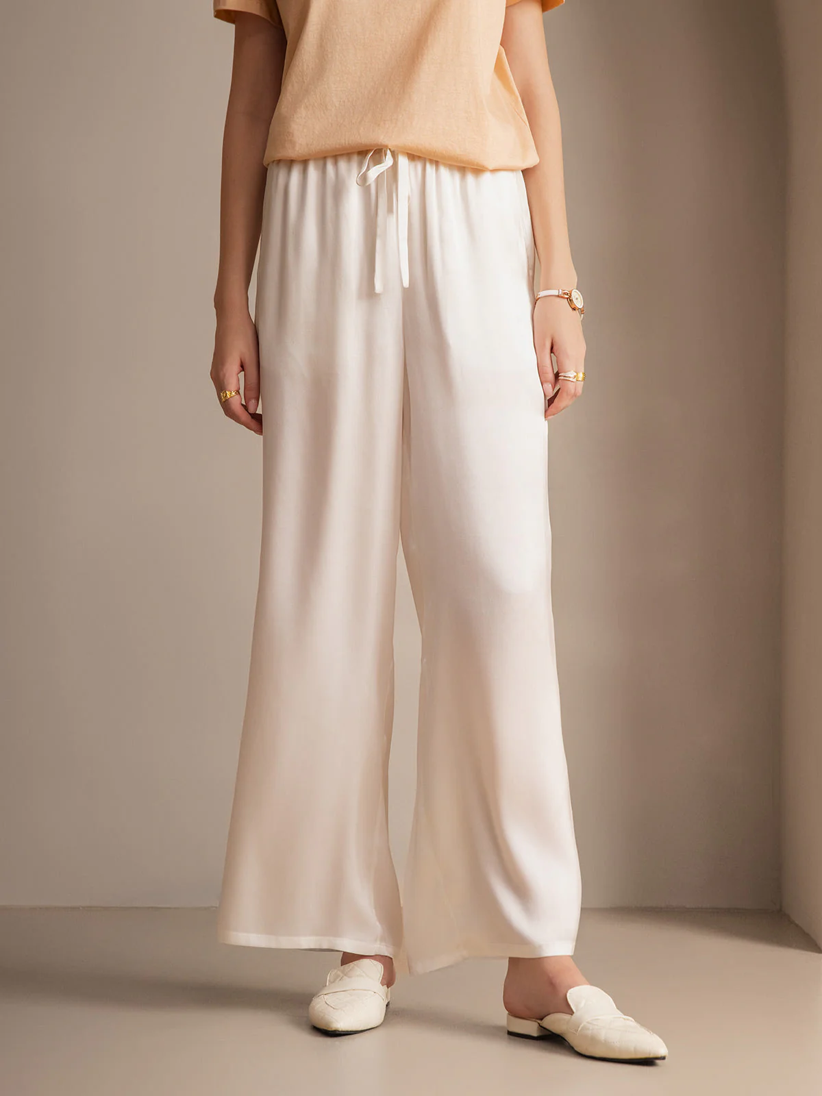 Pure Silk Wide Leg Women's Pants with Elastic Waist Design - Image 46