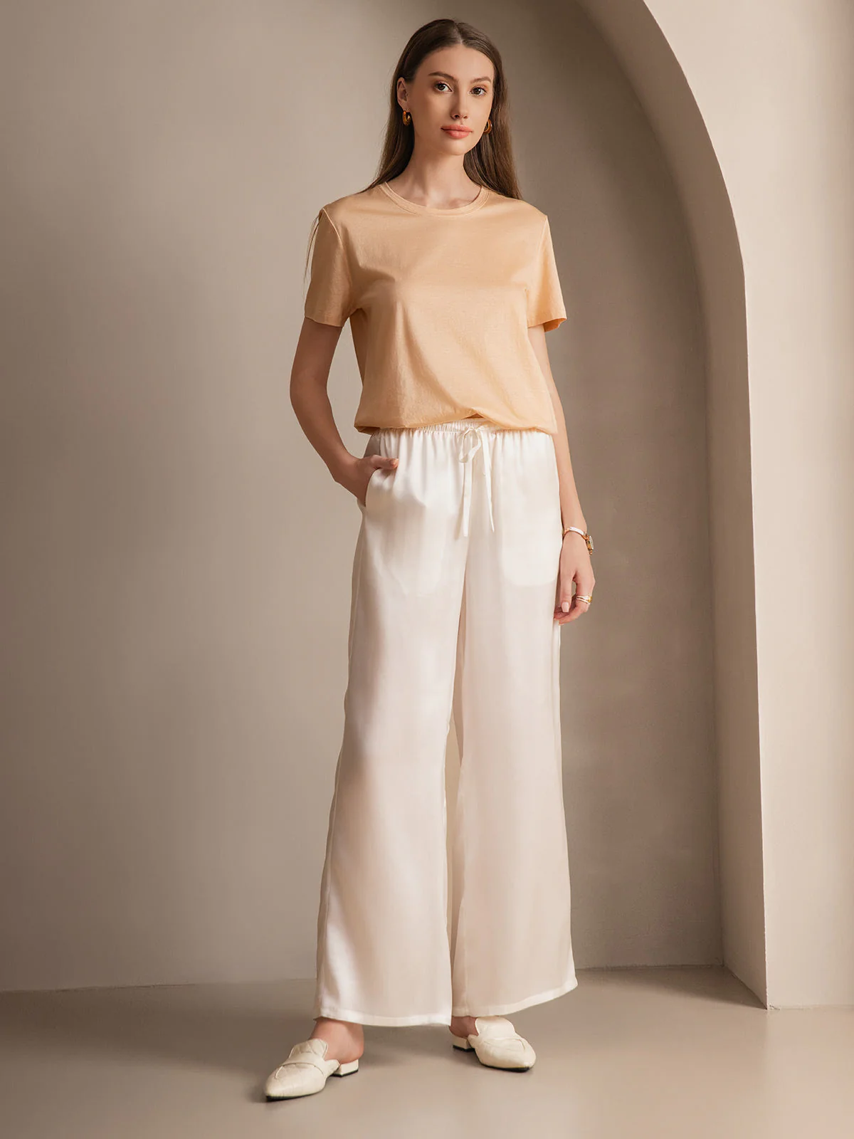 Pure Silk Wide Leg Women's Pants with Elastic Waist Design - Image 48