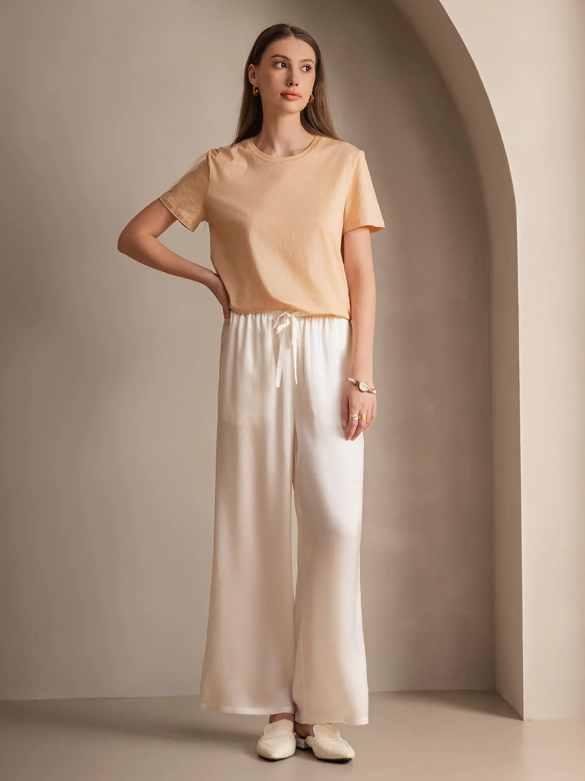 Pure Silk Wide Leg Women's Pants with Elastic Waist Design - Image 49
