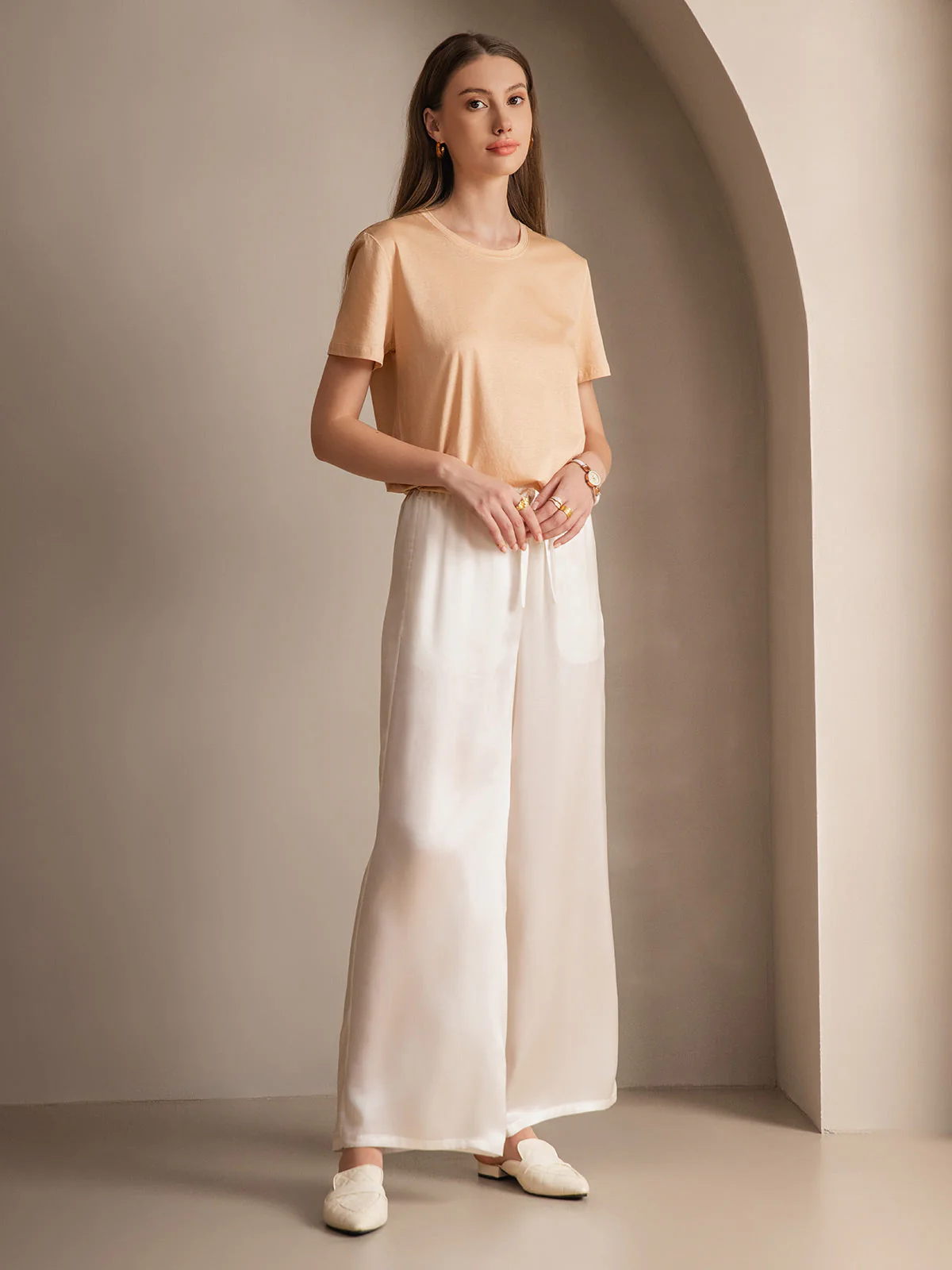 Pure Silk Wide Leg Women's Pants with Elastic Waist Design - Image 50