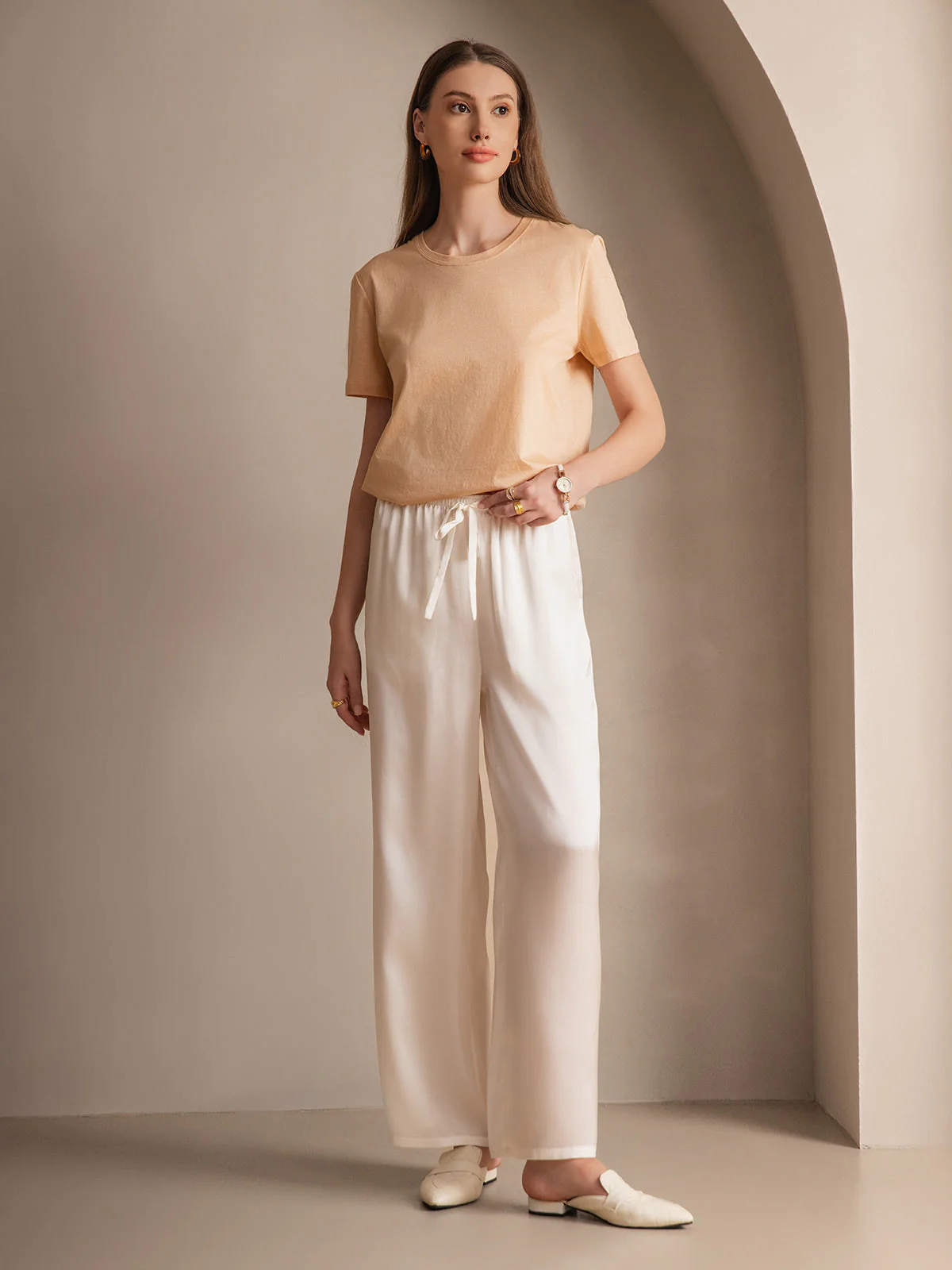 Pure Silk Wide Leg Women's Pants with Elastic Waist Design - Image 51