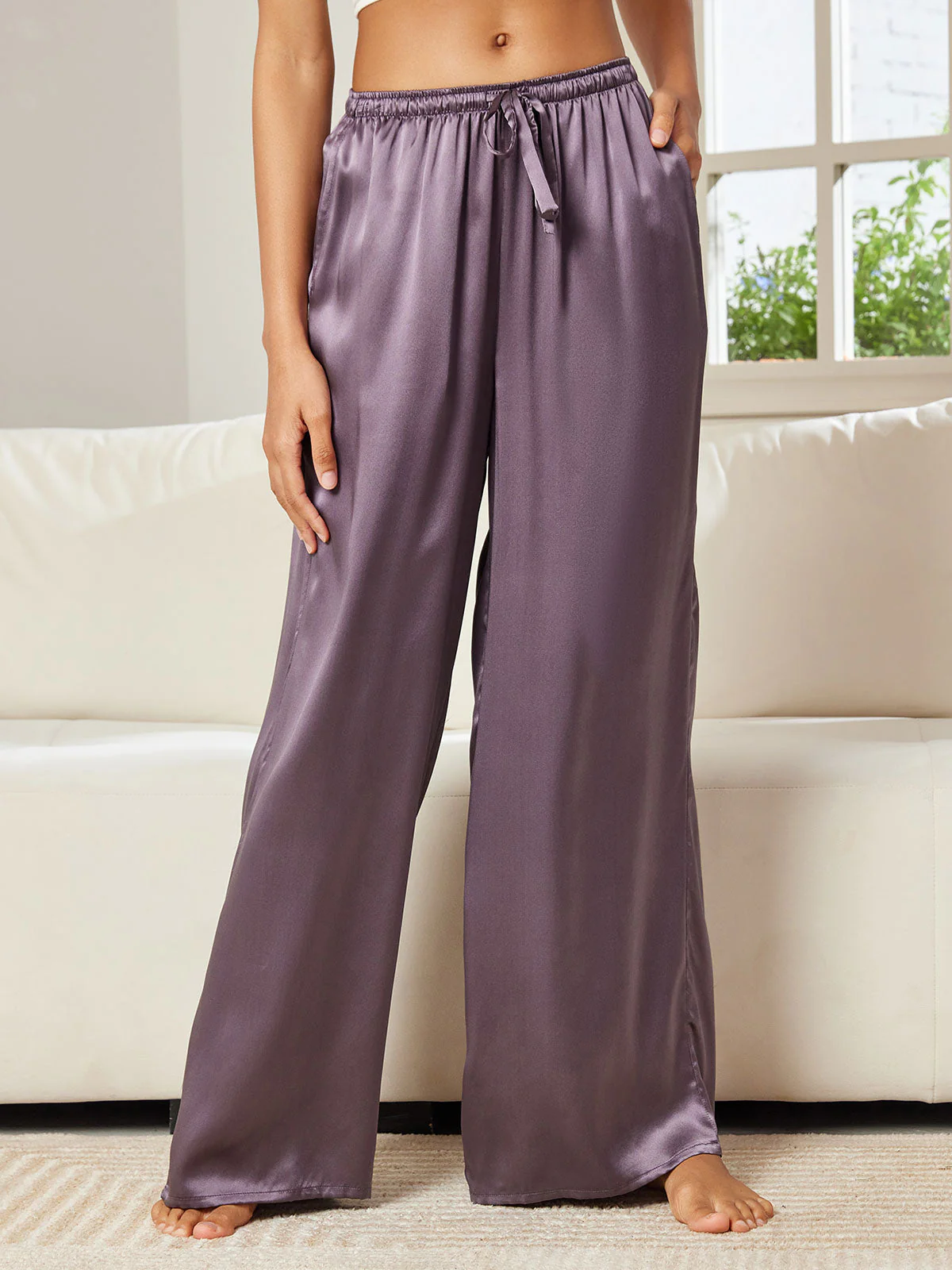 Pure Silk Wide Leg Women's Pants with Elastic Waist Design - Image 54